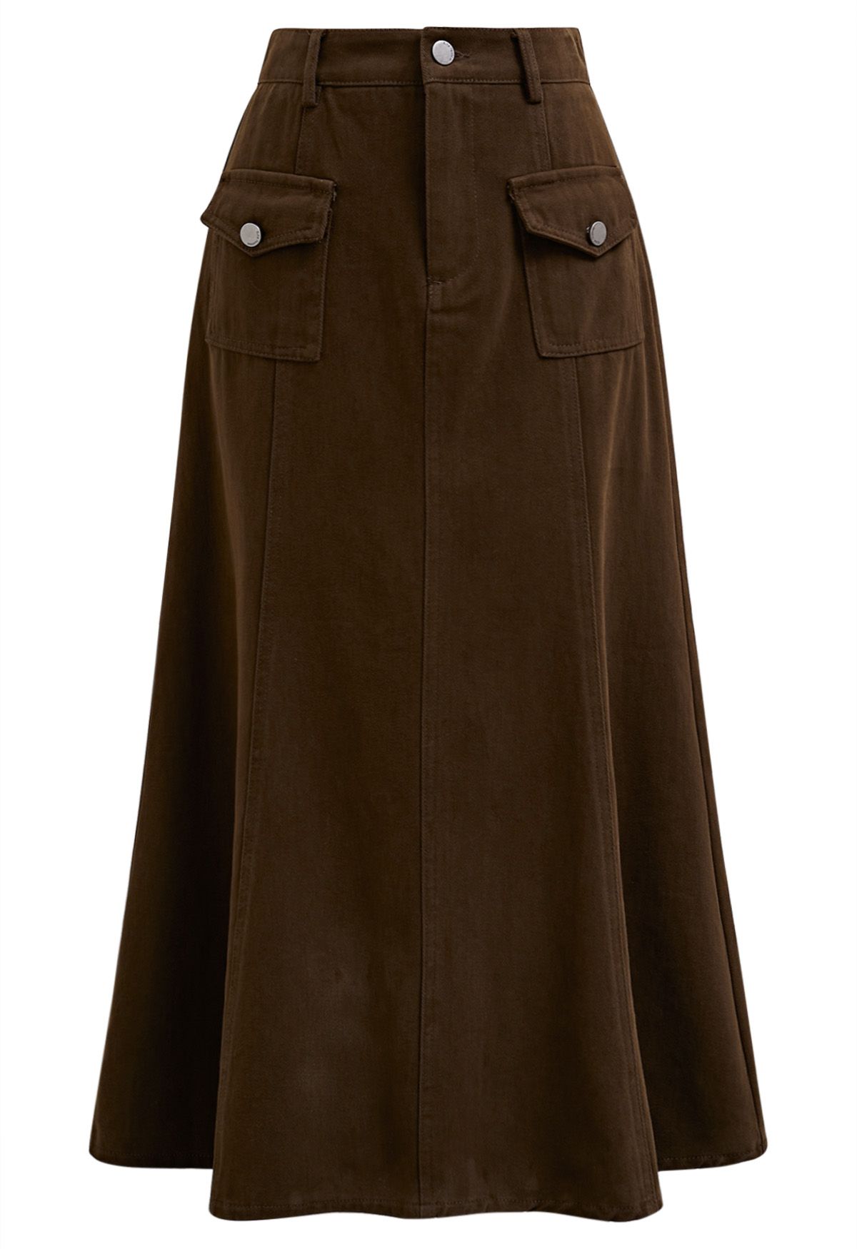 Front Flap Pockets Mermaid Denim Midi Skirt in Brown