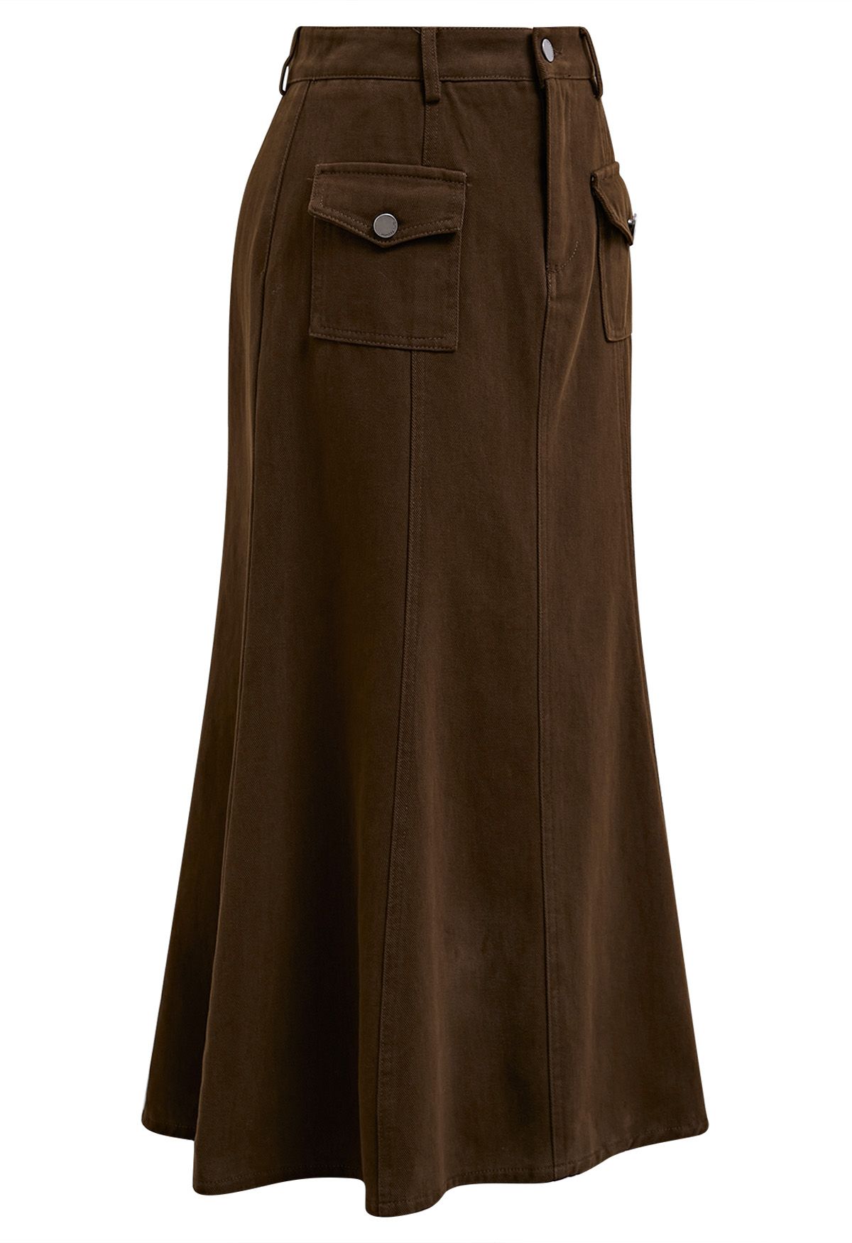 Front Flap Pockets Mermaid Denim Midi Skirt in Brown