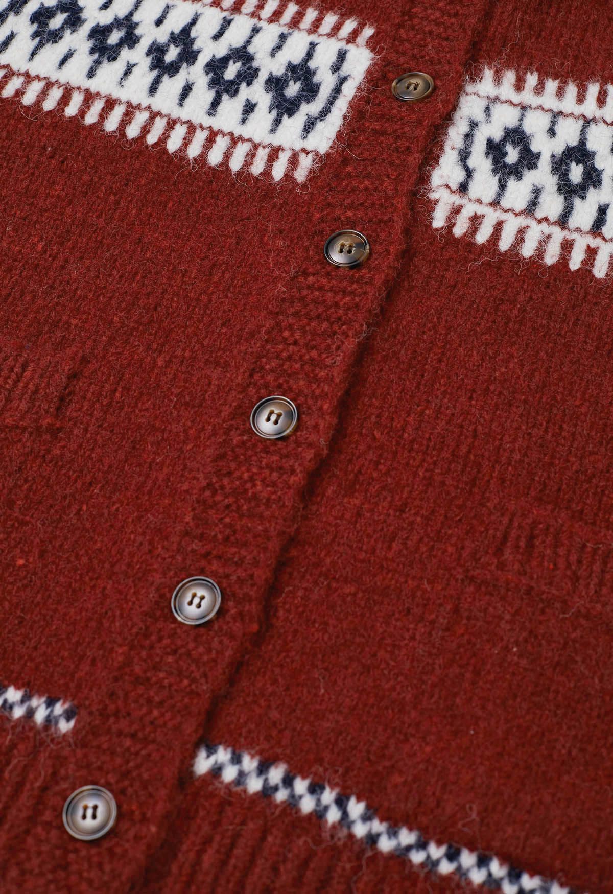 Contrast Fair Isle Buttoned Hooded Knit Cardigan in Red