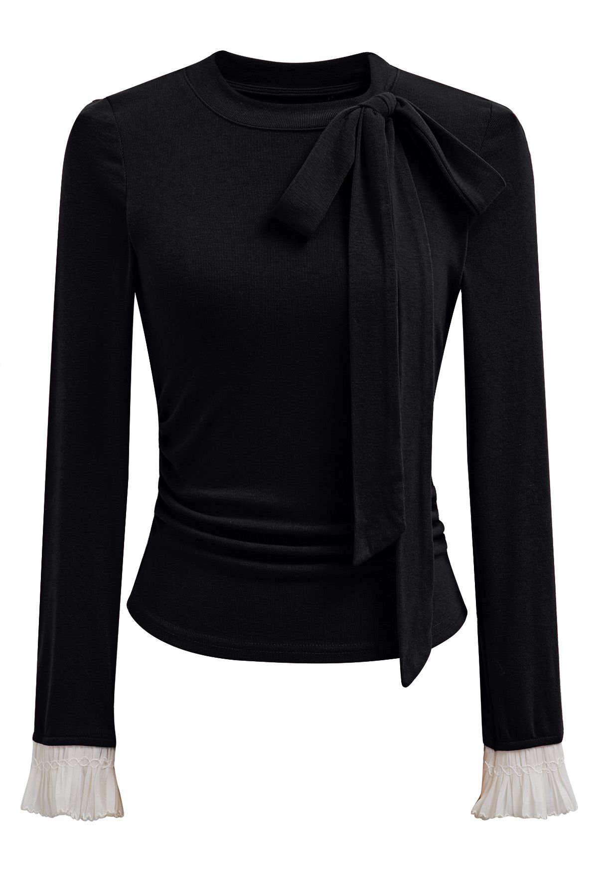 Side Bowknot Spliced Ruffle Cuff Top in Black