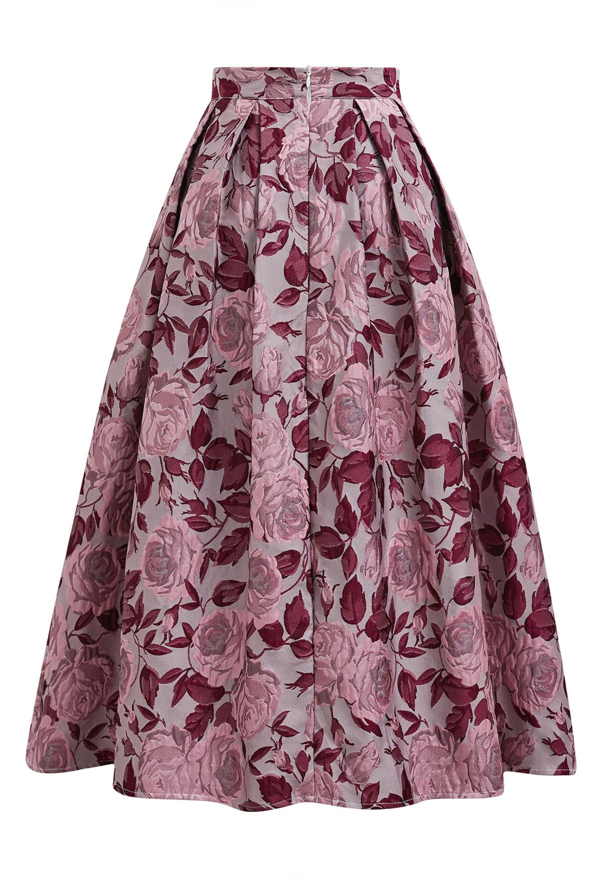 Enchanted Pink Rose Jacquard Pleated Midi Skirt