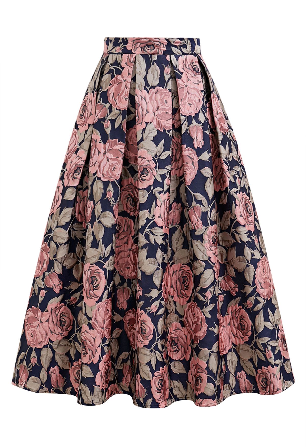 Enchanted Pink Rose Jacquard Pleated Midi Skirt in Navy