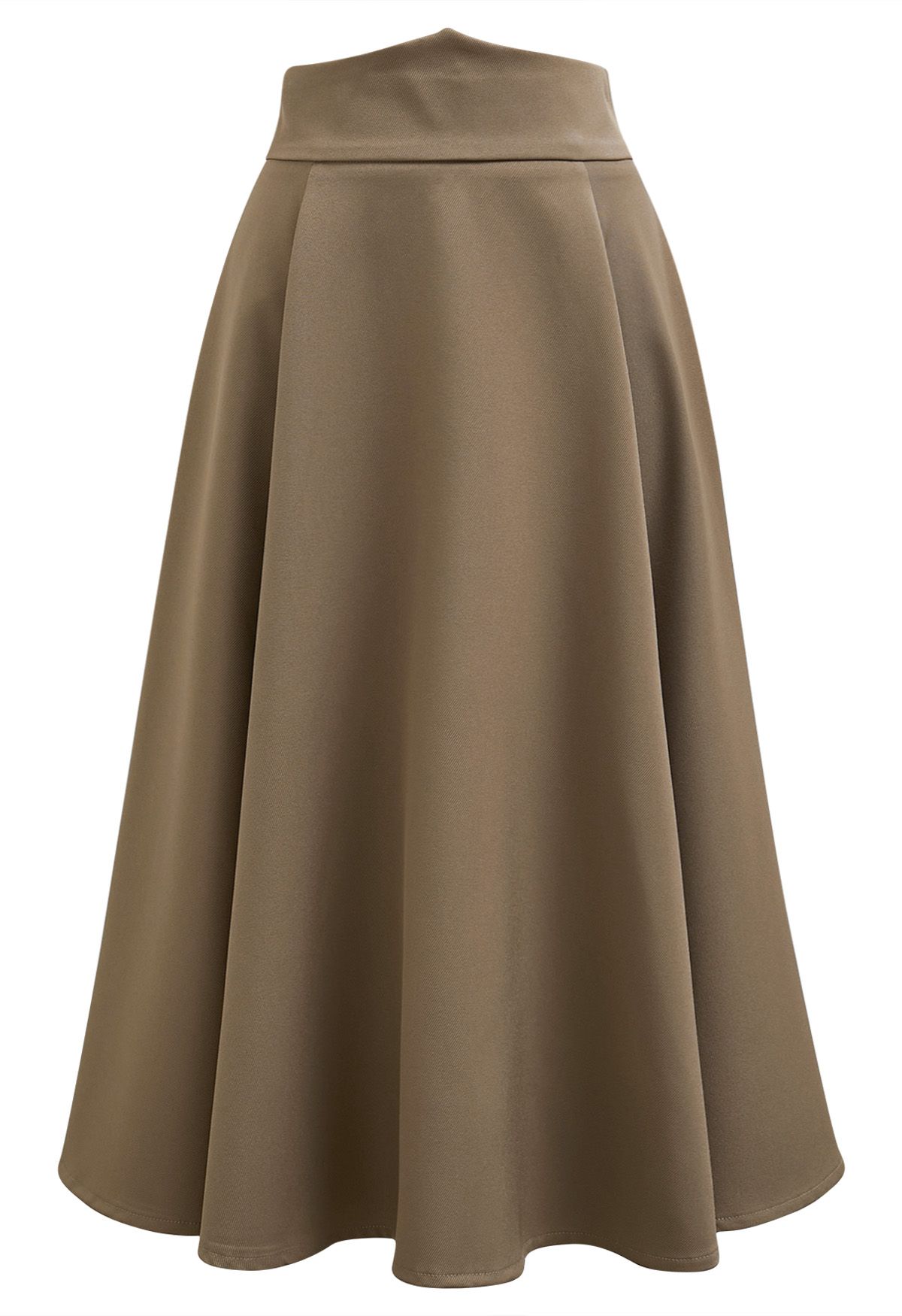 Solid Khaki High-Waist A-Line Midi Skirt