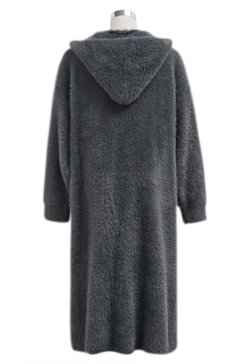 Fluffy Open Front Hooded Longline Knit Cardigan in Smoke