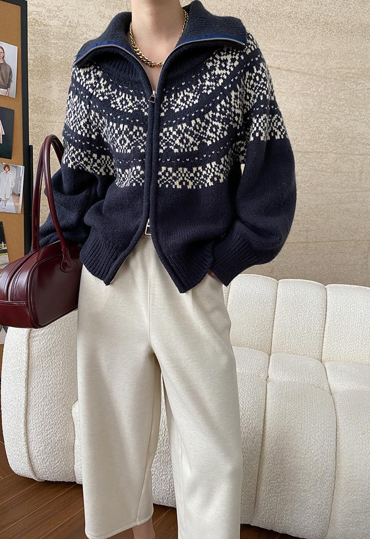 Double-Zip Fair Isle Jacquard Knit Cardigan in Navy