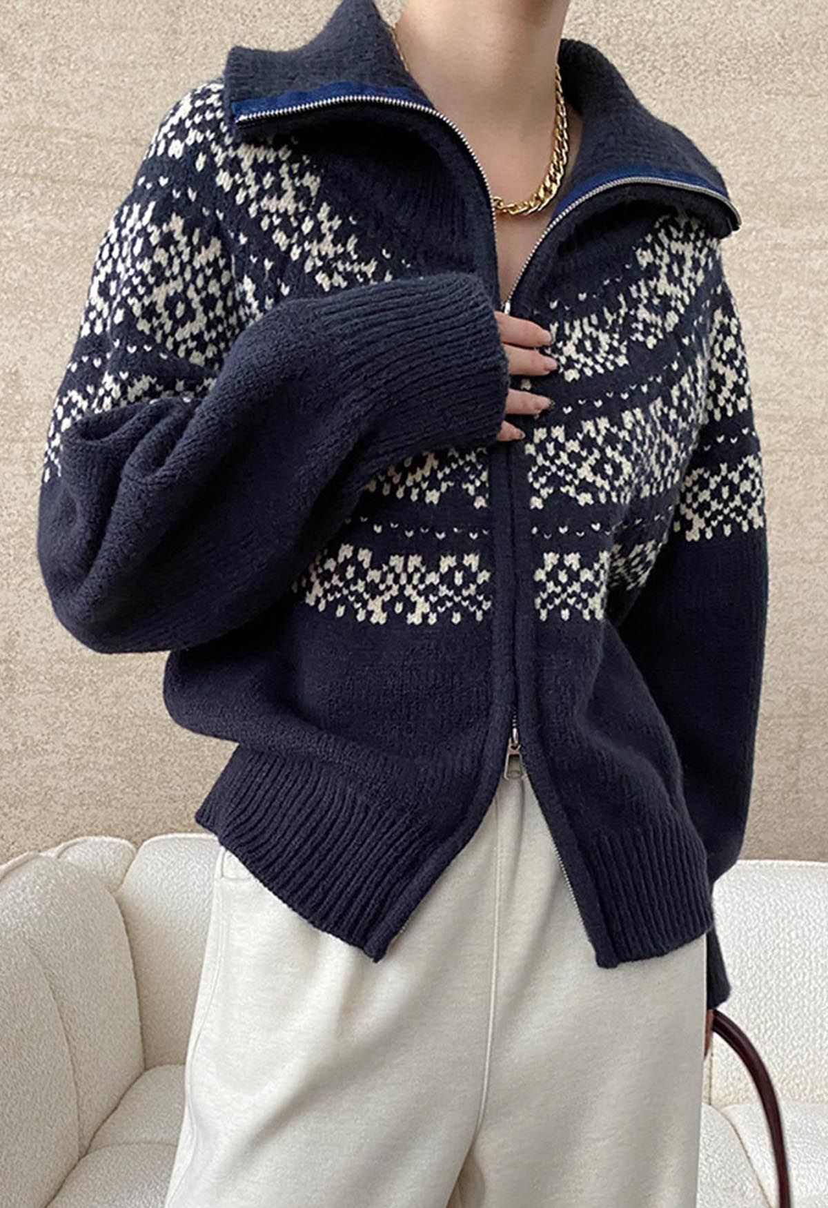 Double-Zip Fair Isle Jacquard Knit Cardigan in Navy