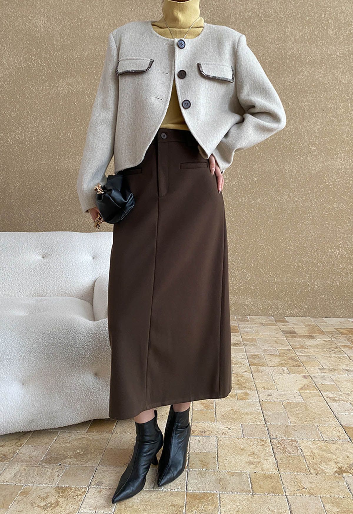 Everyday High-Waisted Back Split Midi Skirt in Brown