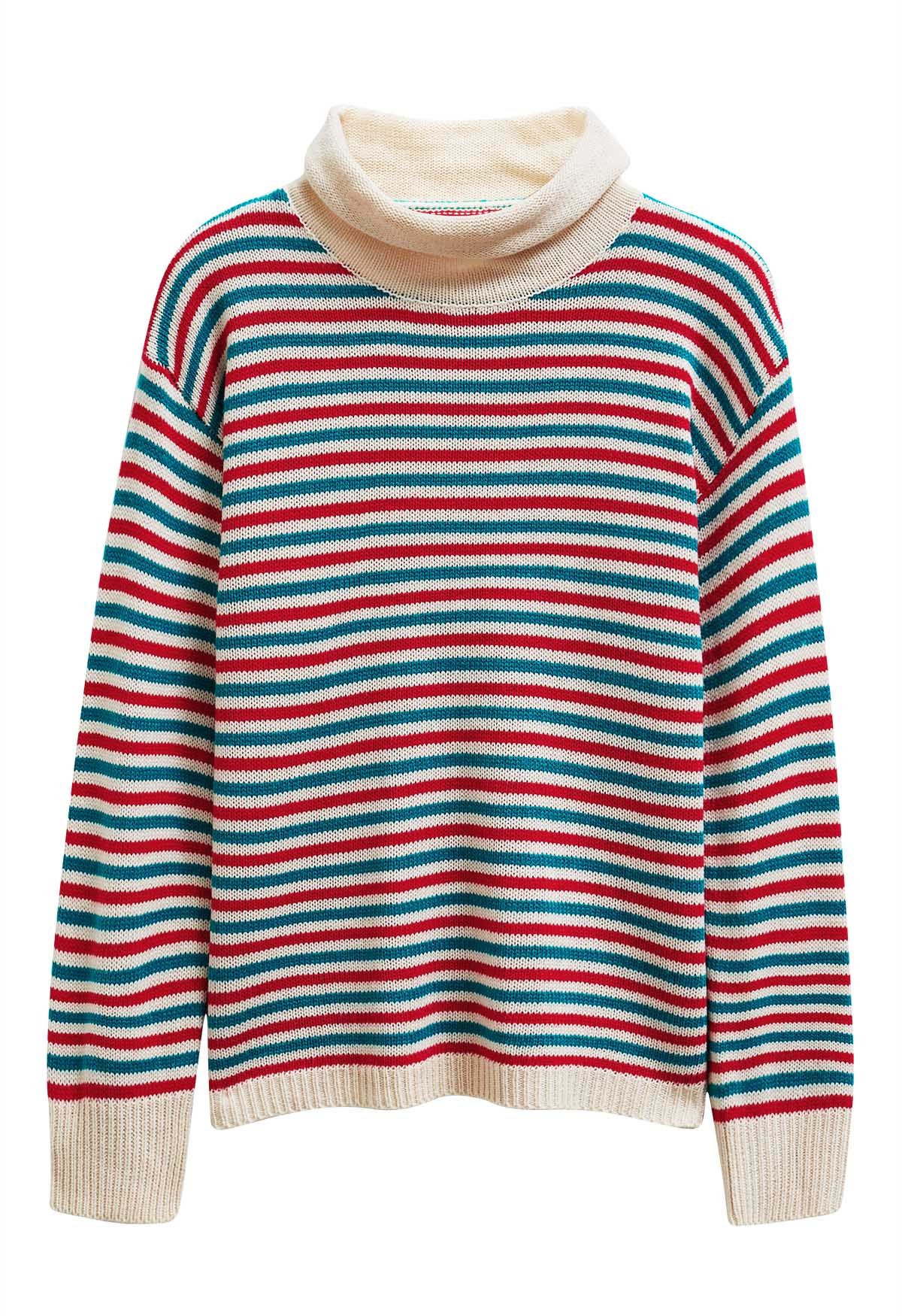 Colorful Stripes Rolled Neckline Knit Sweater