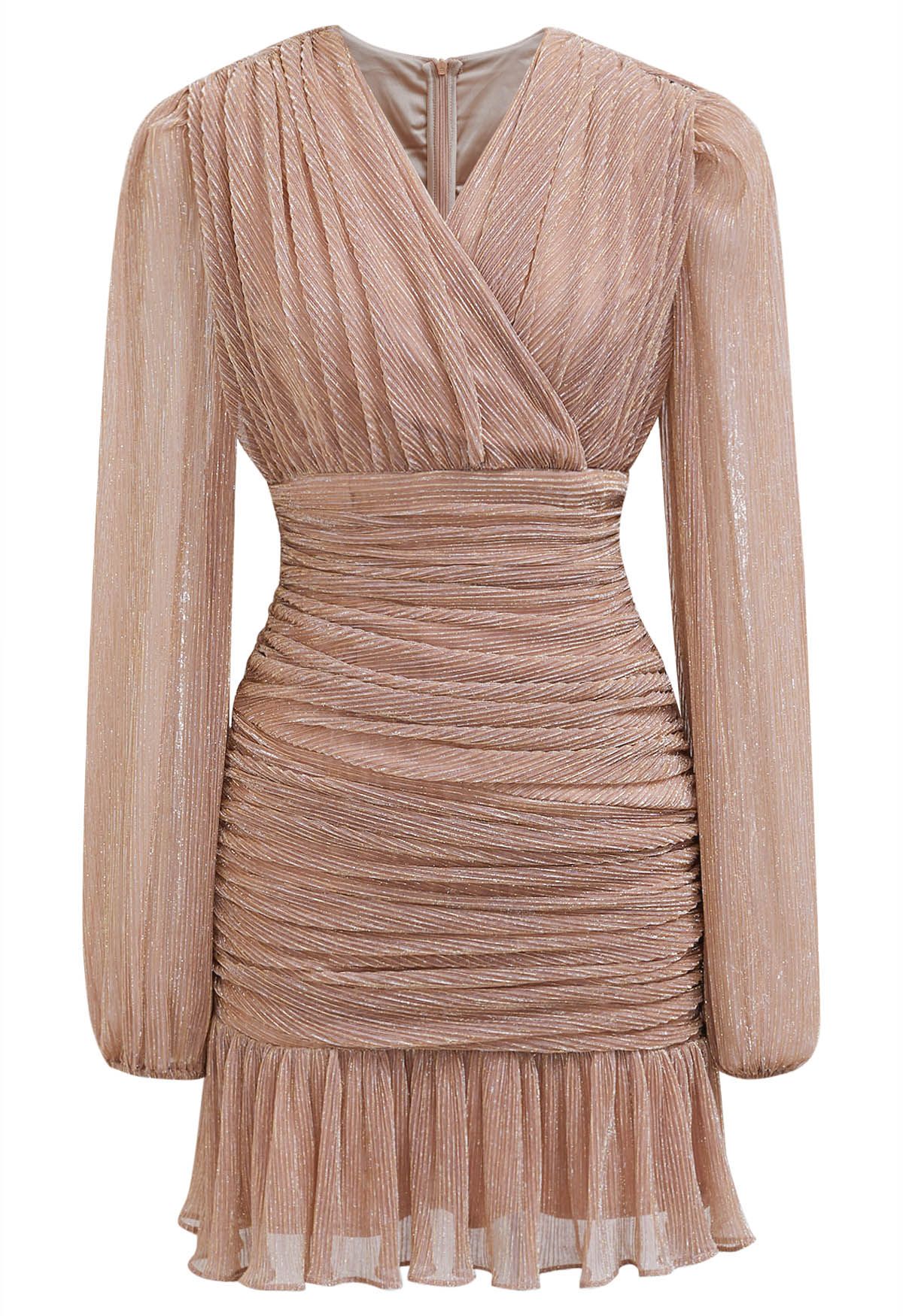 Elegant Sparkle Ruched Mesh Cocktail Dress in Peach