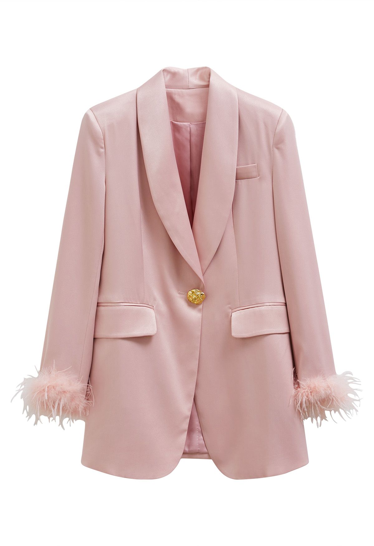 Feather Cuff Shawl Collar Satin Blazer