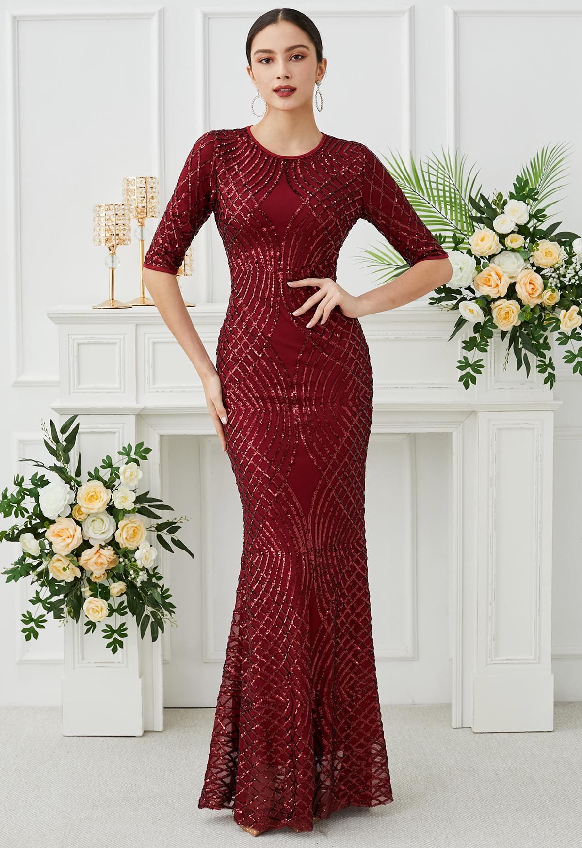 Opulent Geometry Sequin Mermaid Gown in Red