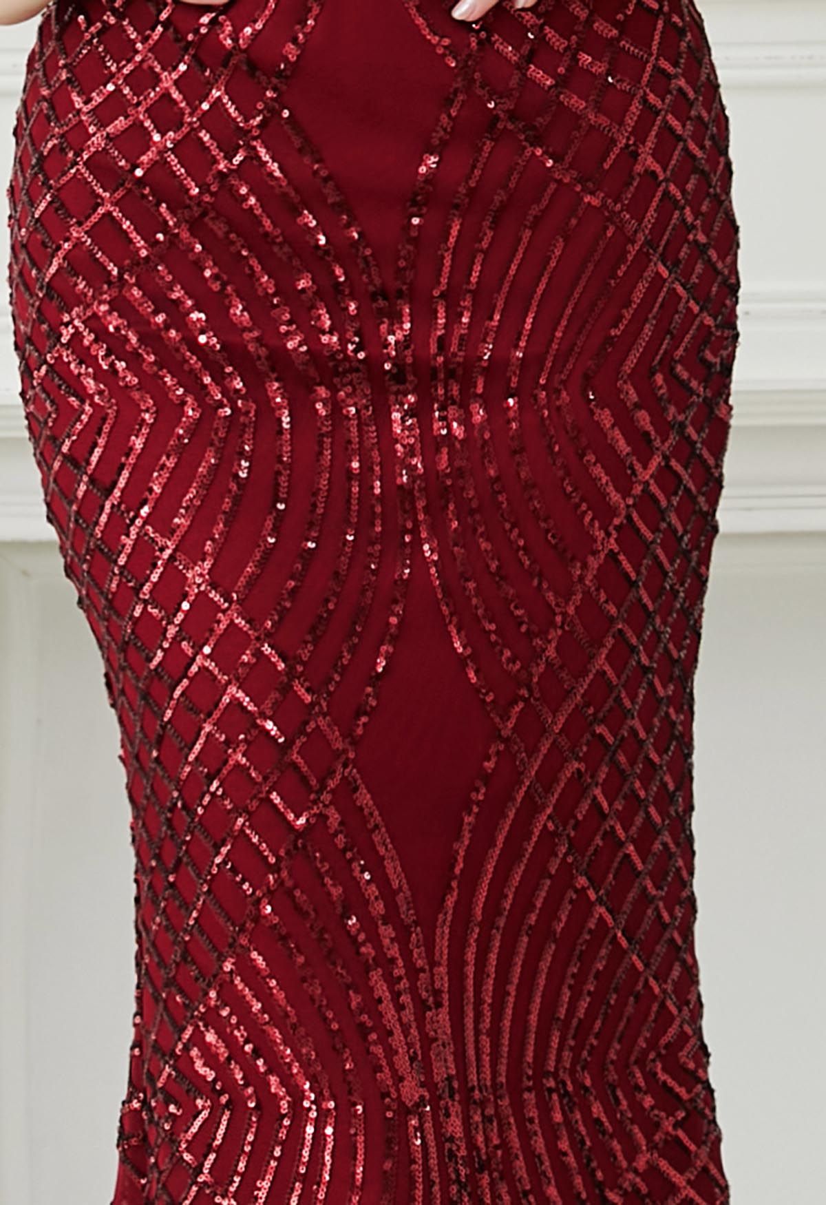 Opulent Geometry Sequin Mermaid Gown in Red