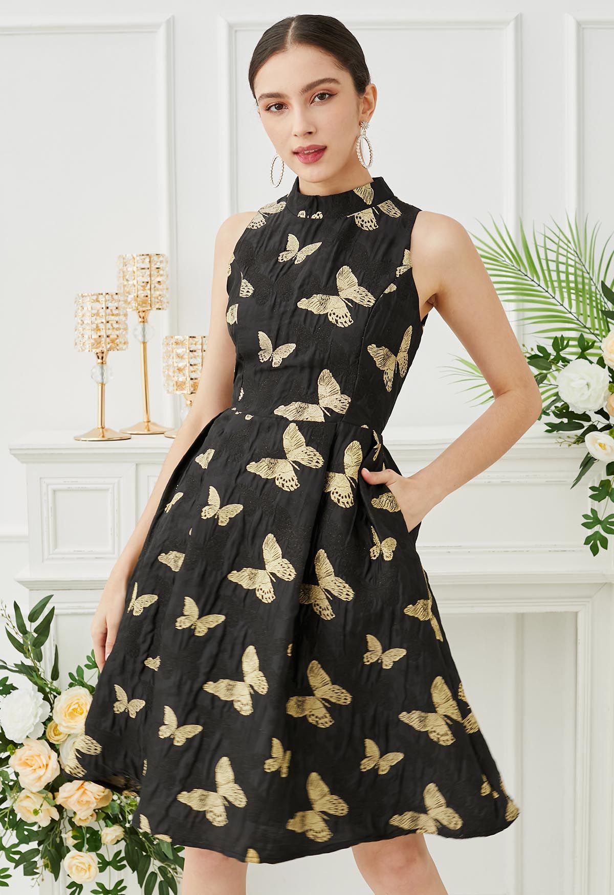 Exquisite Butterfly Jacquard Sleeveless Dress