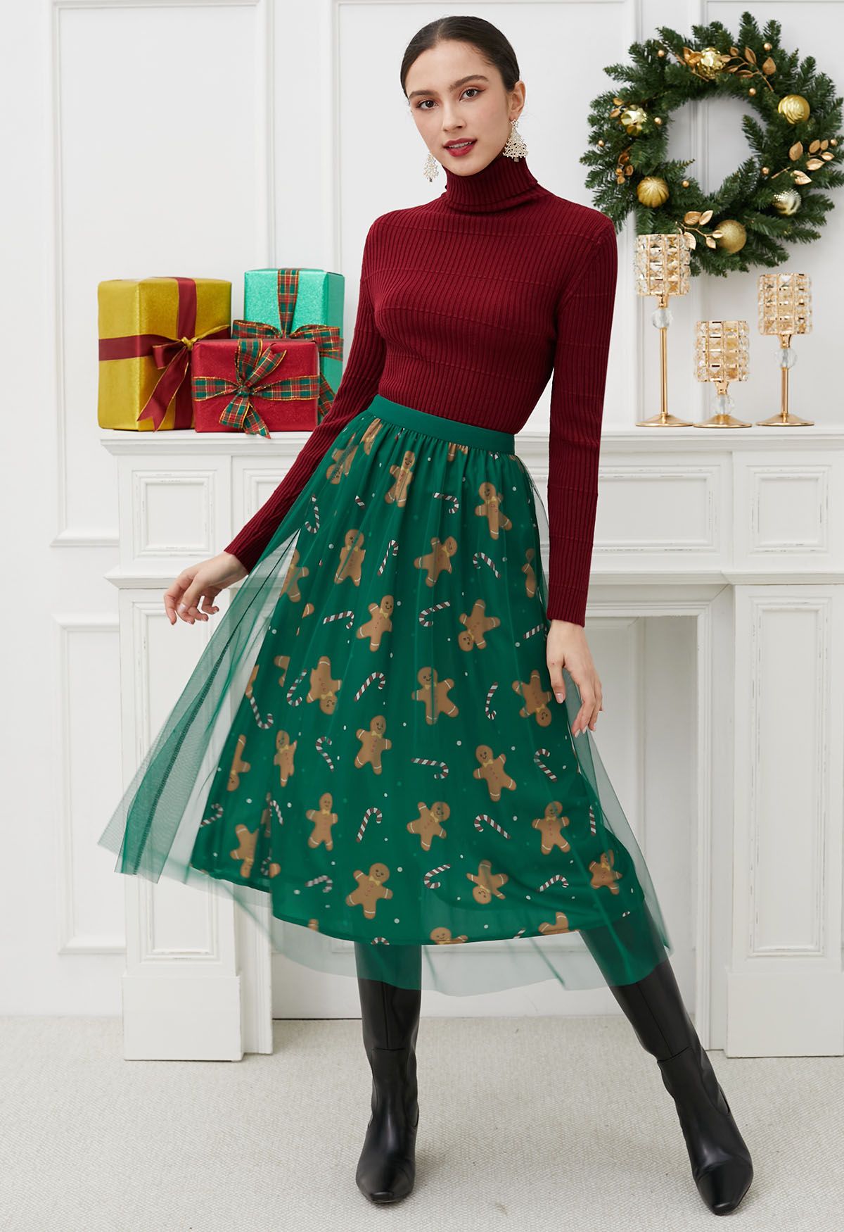 Merry Gingerbread Man Mesh Tulle Midi Skirt