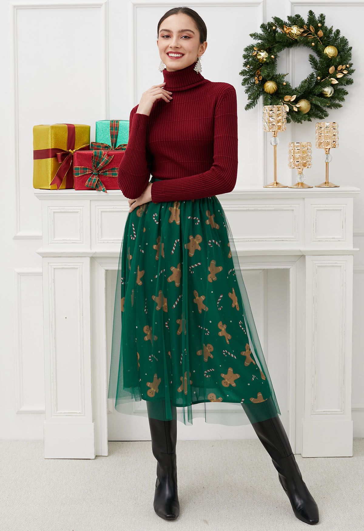 Merry Gingerbread Man Mesh Tulle Midi Skirt