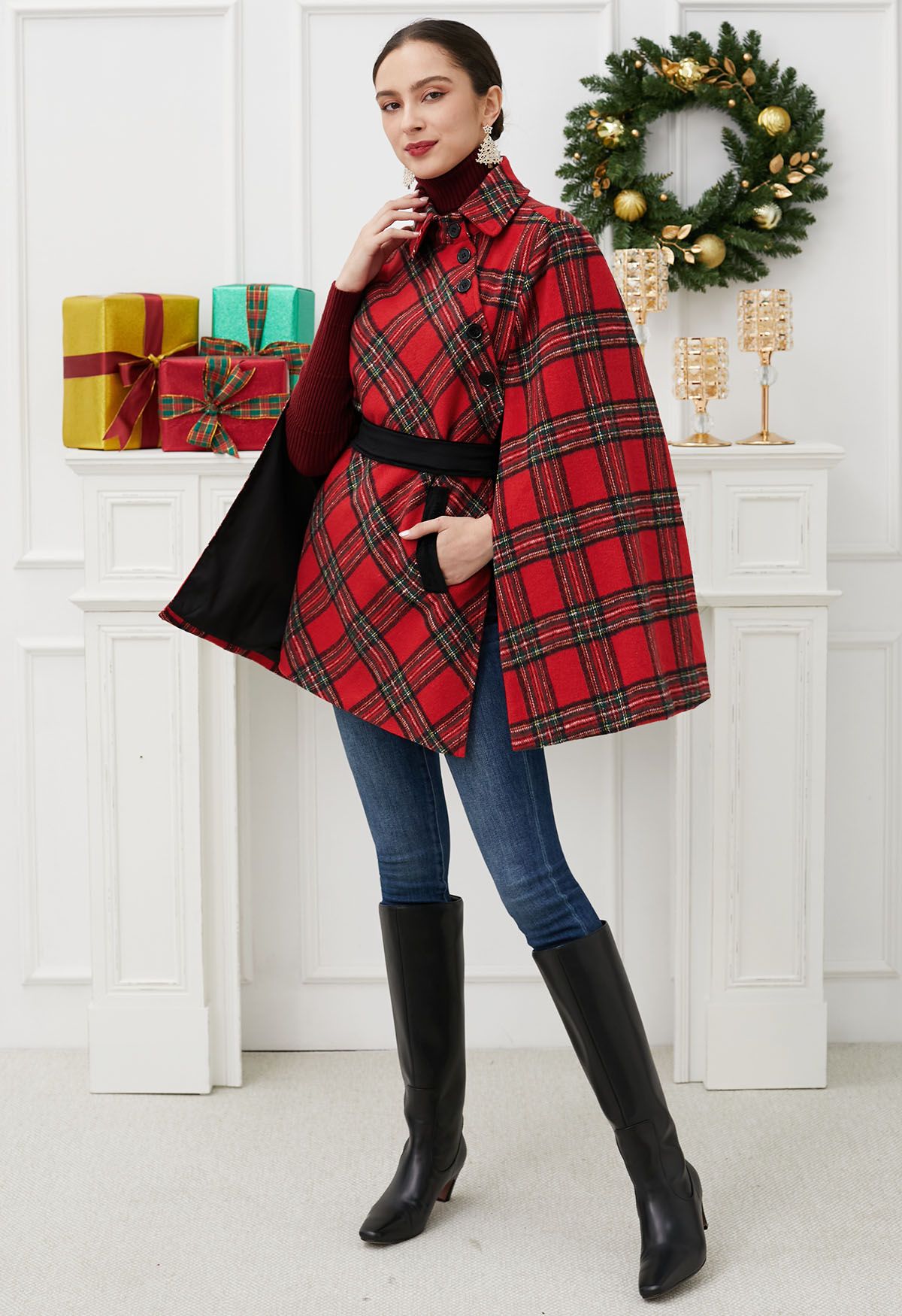 Button Wrap Tie Sash Tartan Cape Coat in Red