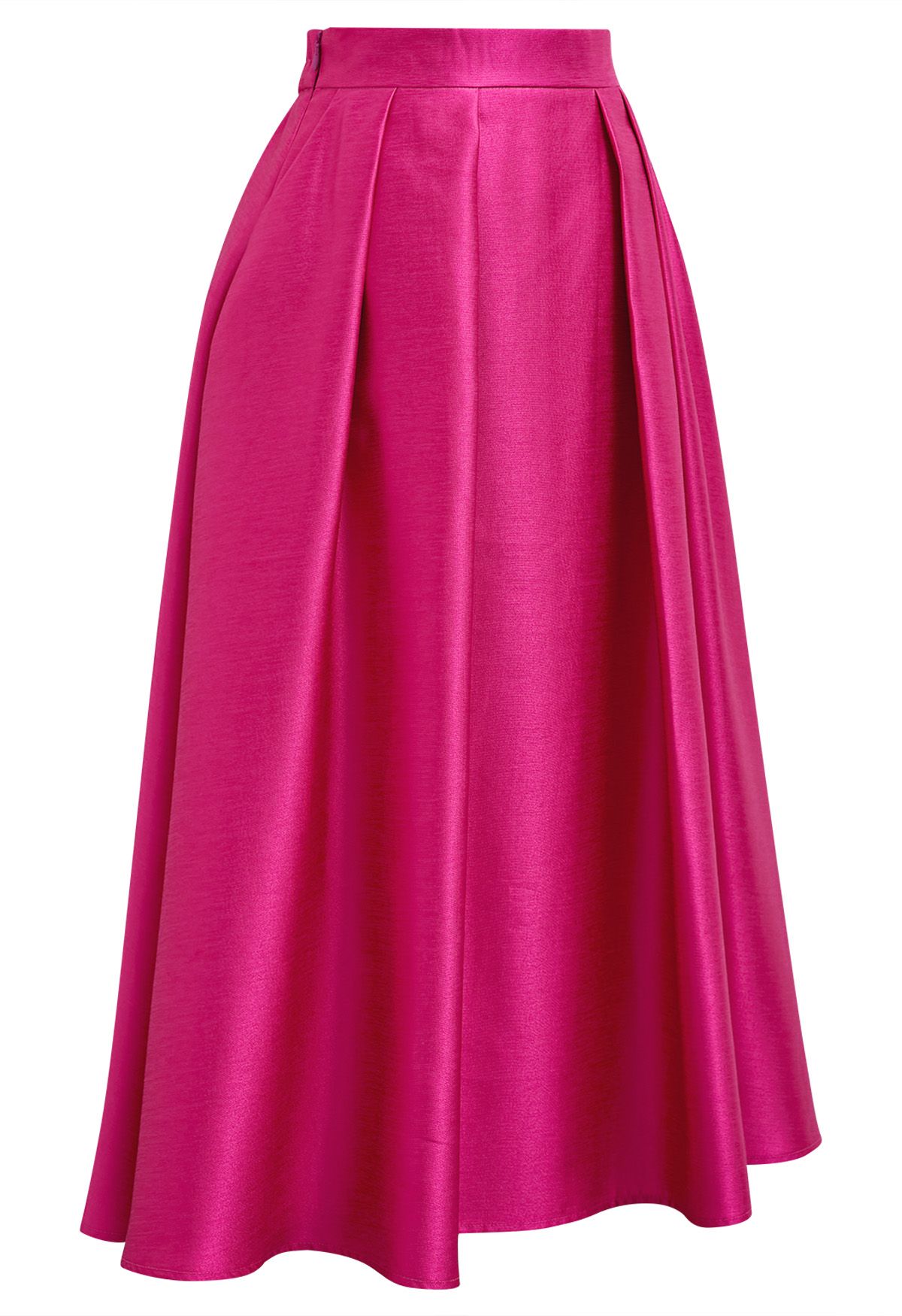 Sleek Side Pockets Pleated A-Line Midi Skirt in Hot Pink