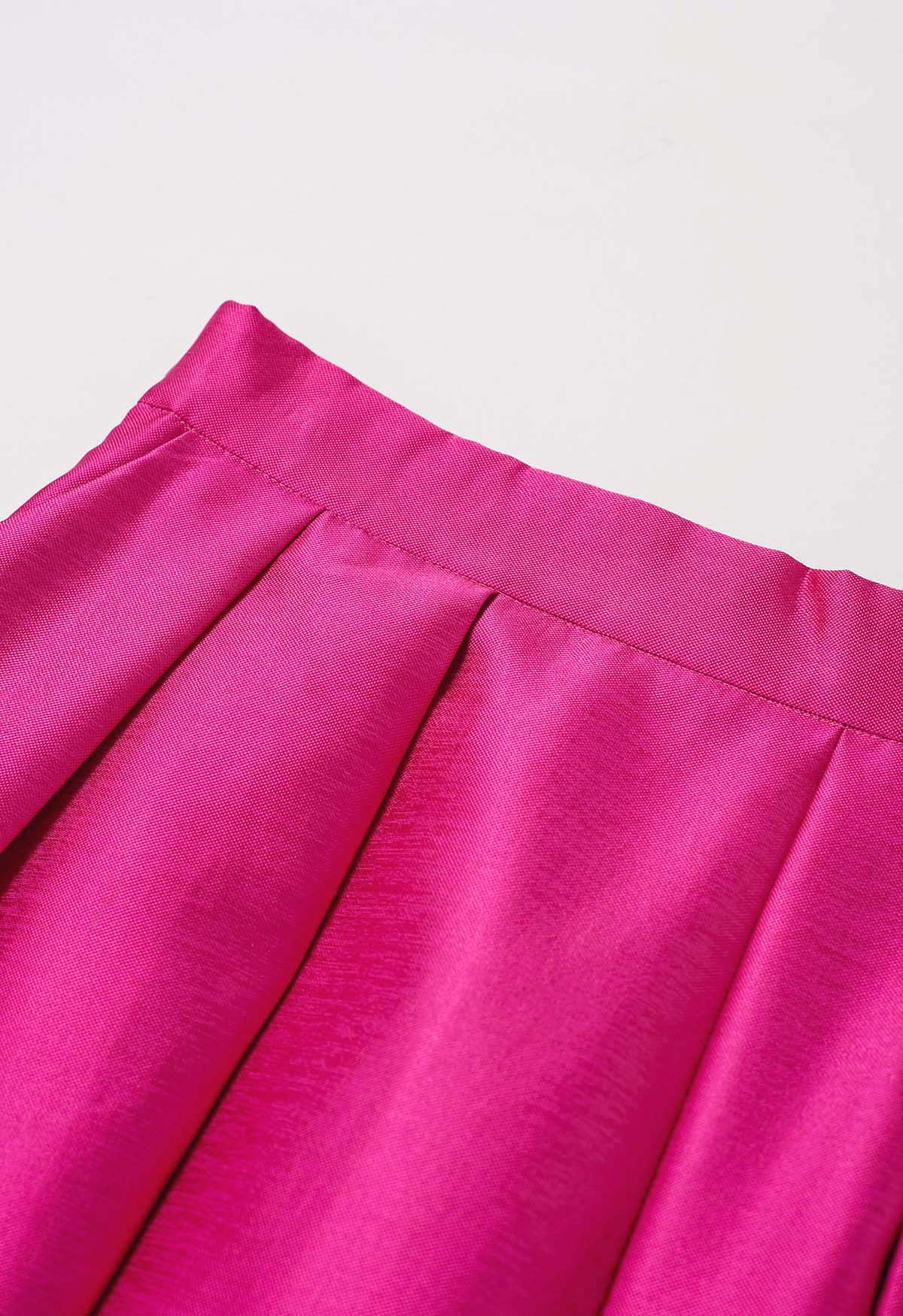 Sleek Side Pockets Pleated A-Line Midi Skirt in Hot Pink