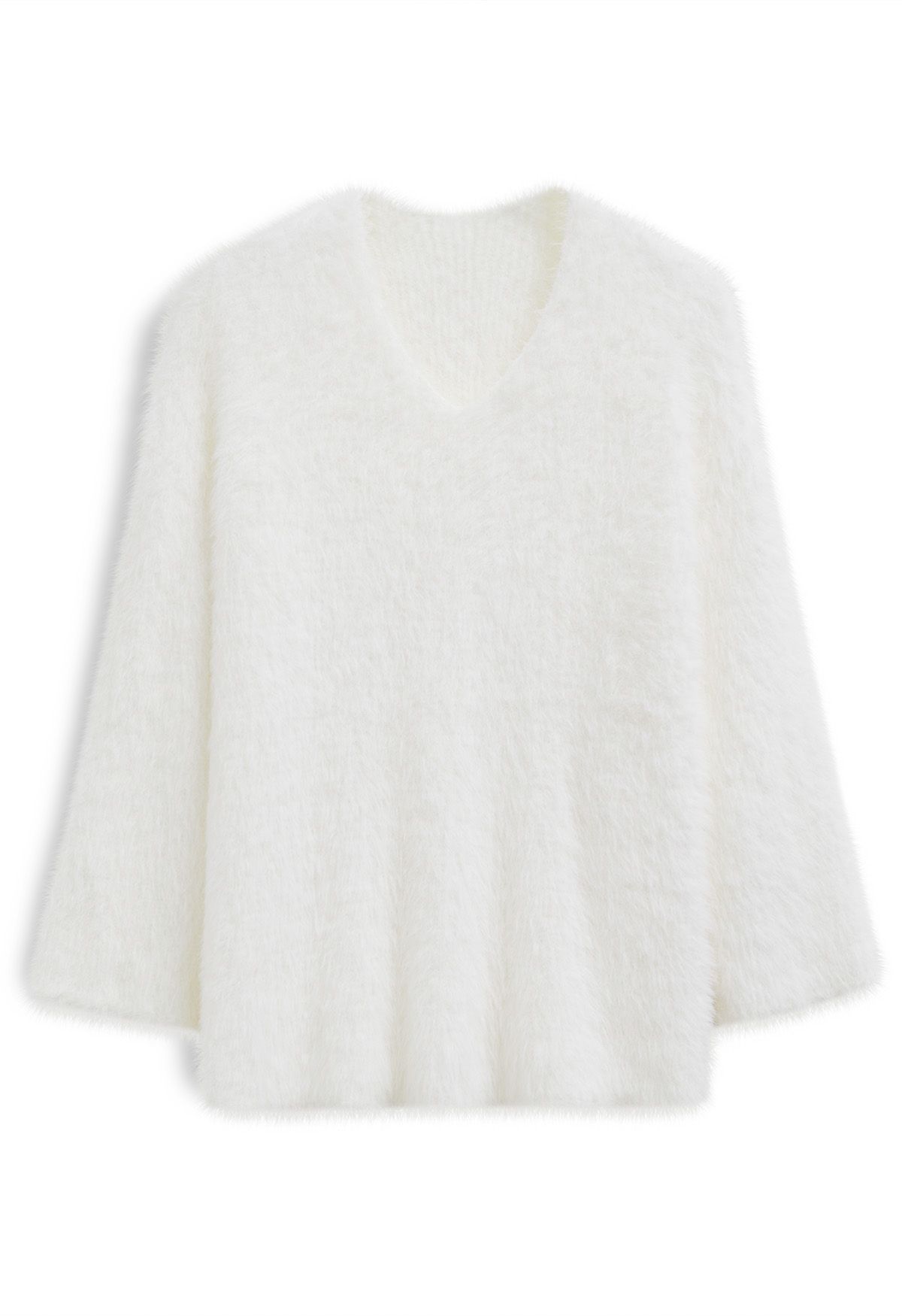 Fluffy V-Neck Knit Sweater in White