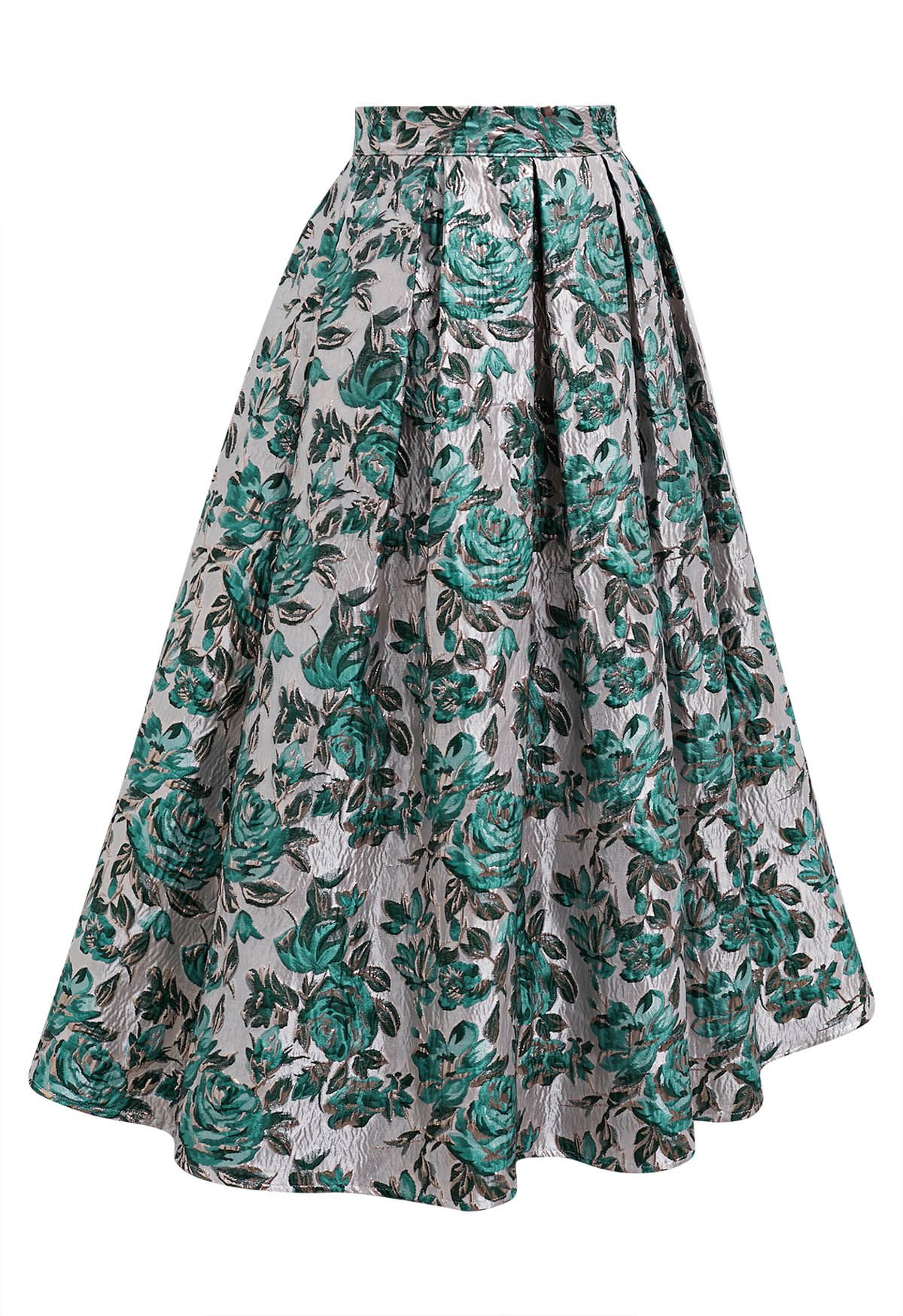 Teal Rose Embossed Jacquard A-Line Midi Skirt