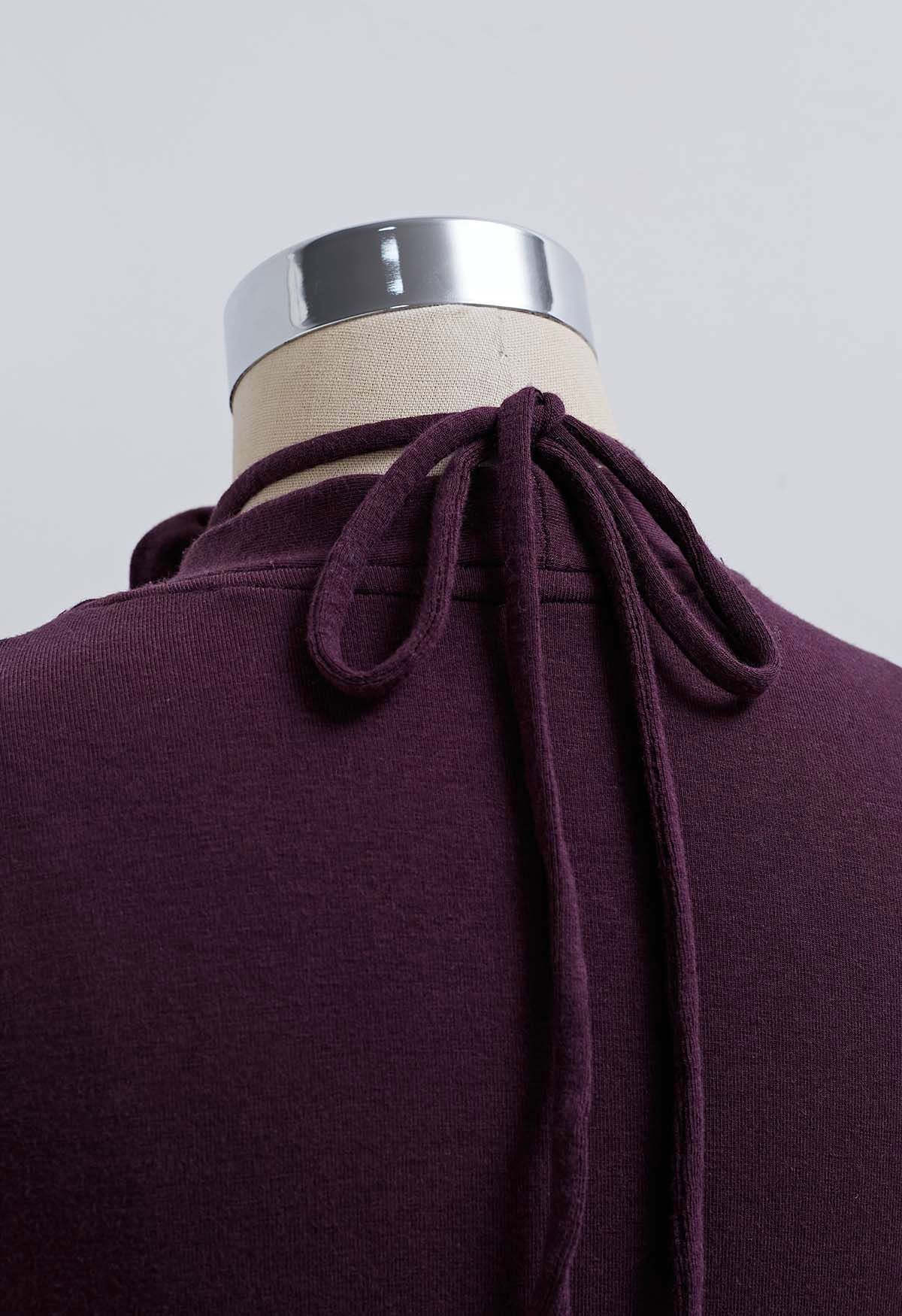 Faux-Wrap Ruched Top with Choker in Purple