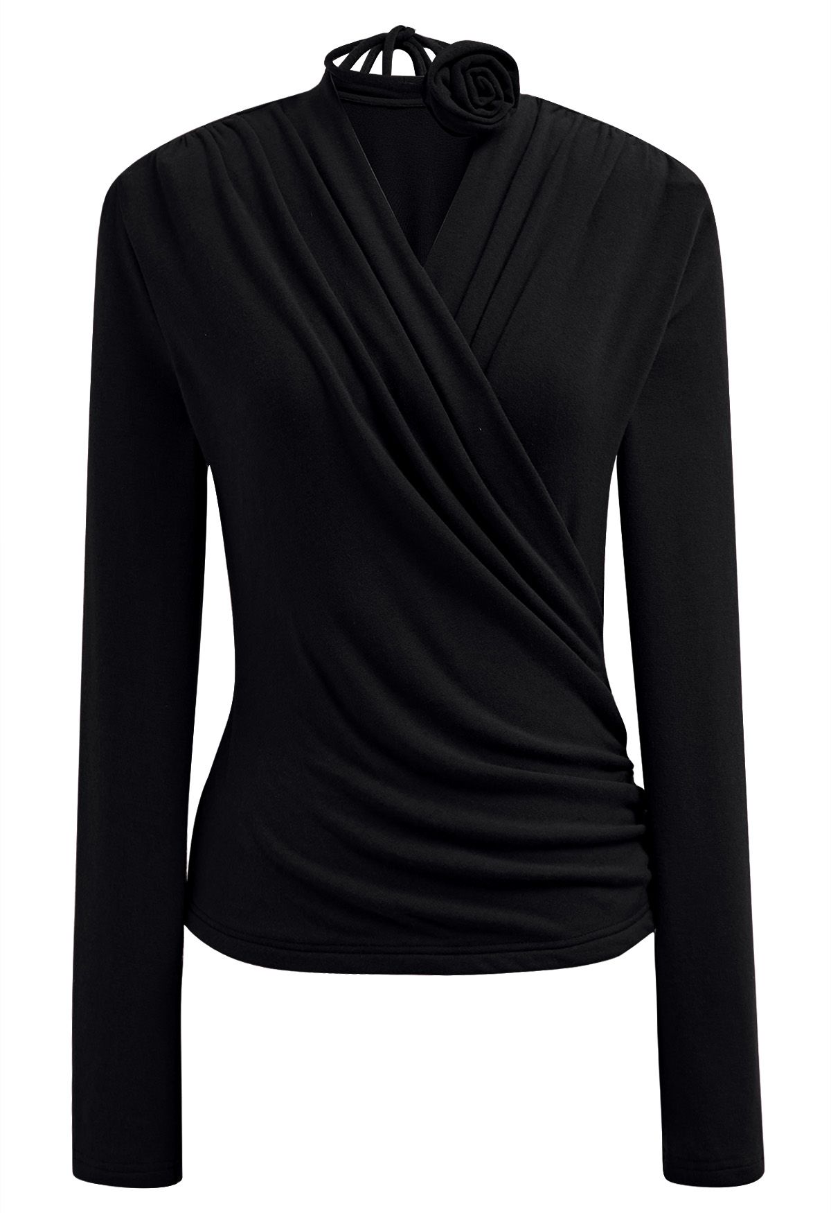 Faux-Wrap Ruched Top with Choker in Black