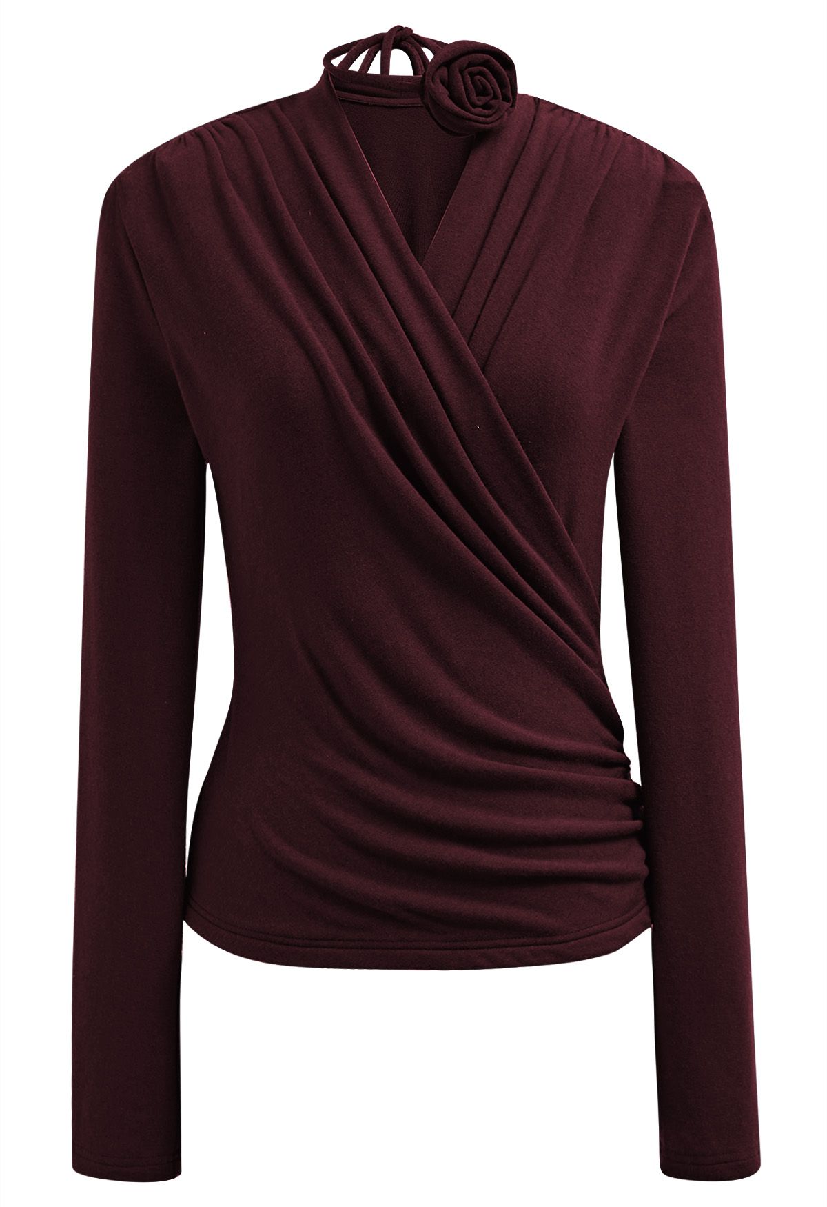 Faux-Wrap Ruched Top with Choker in Burgundy