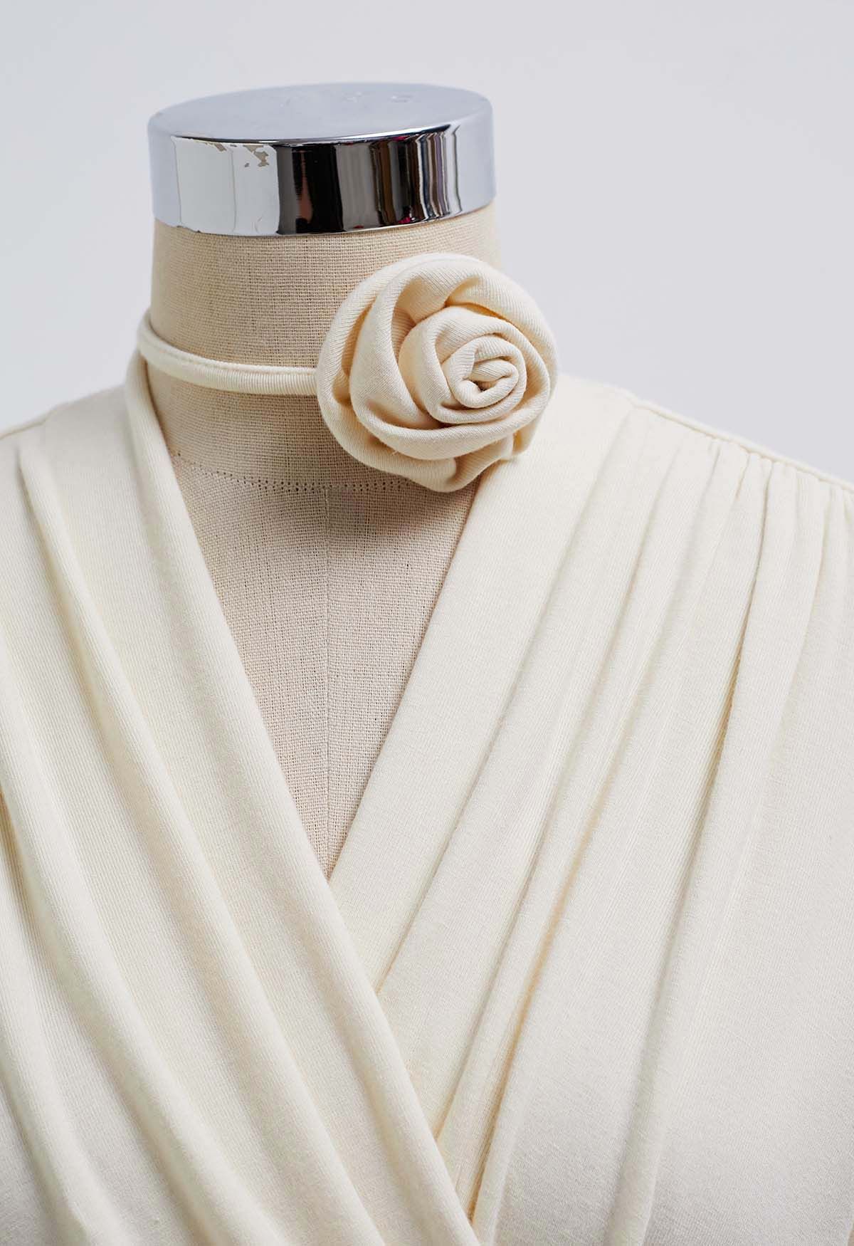 Faux-Wrap Ruched Top with Choker in Cream