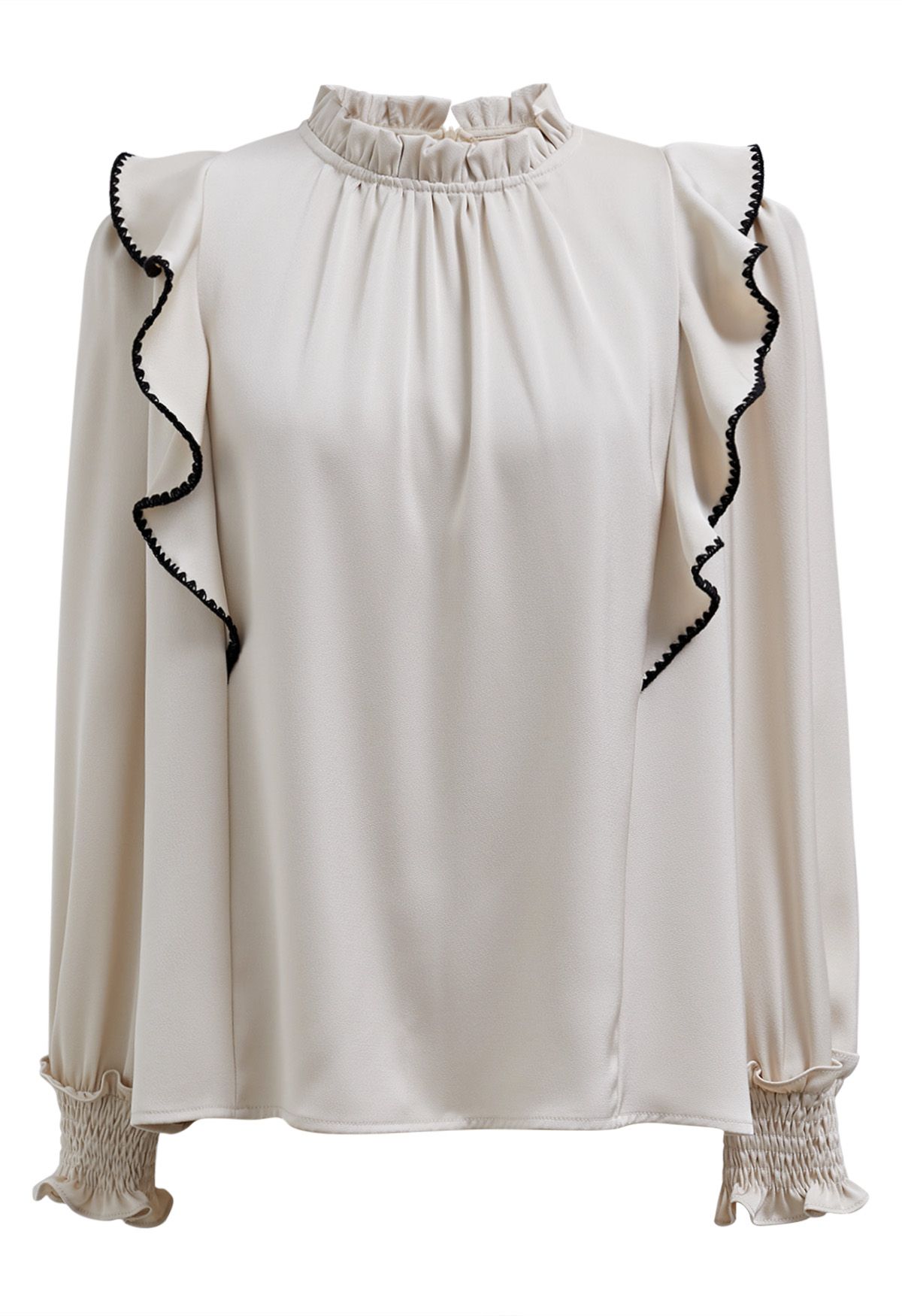 Black Stitch Ruffle Puff Sleeve Shirt in Sand