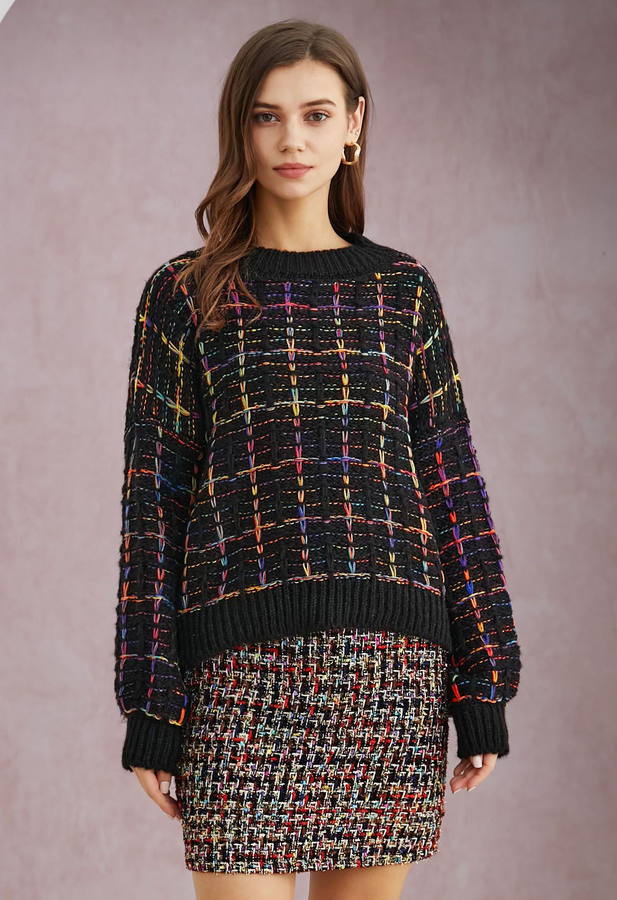 Color-Accented Grid Knit Sweater in Black