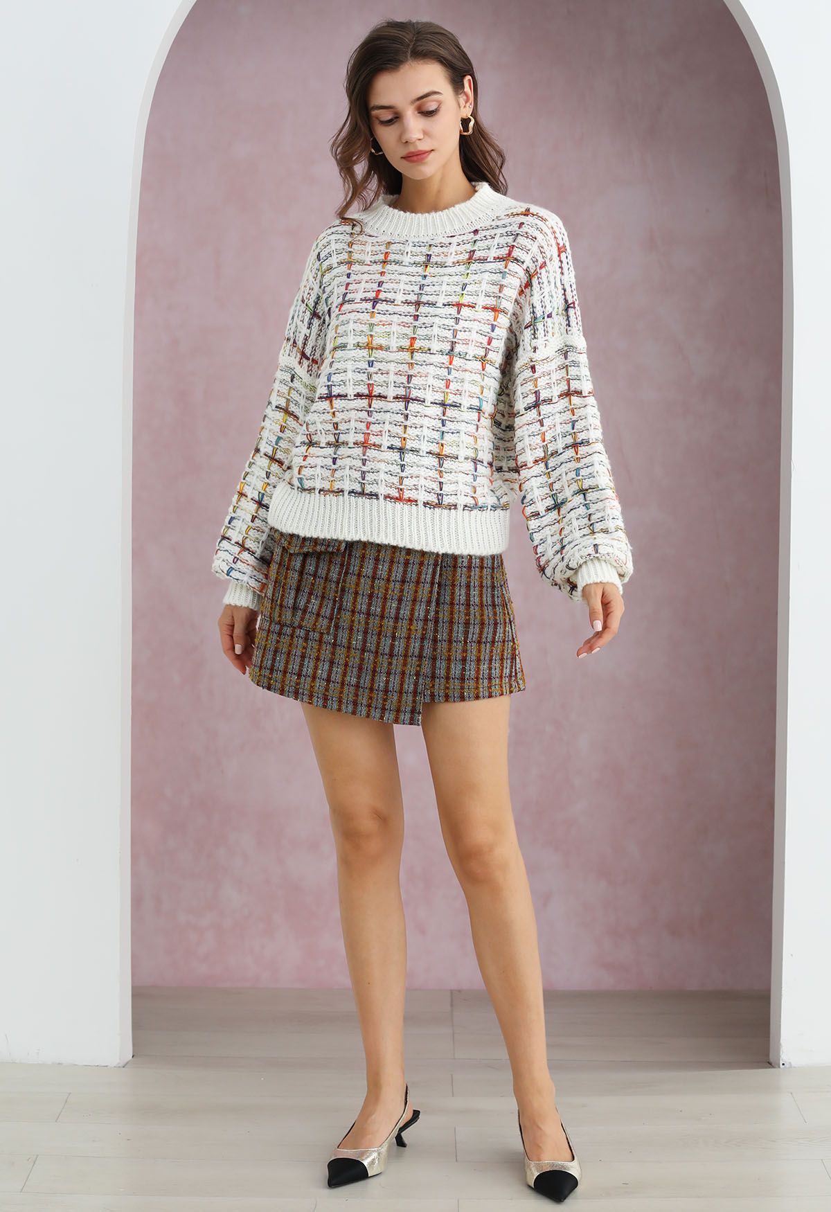 Color-Accented Grid Knit Sweater in White