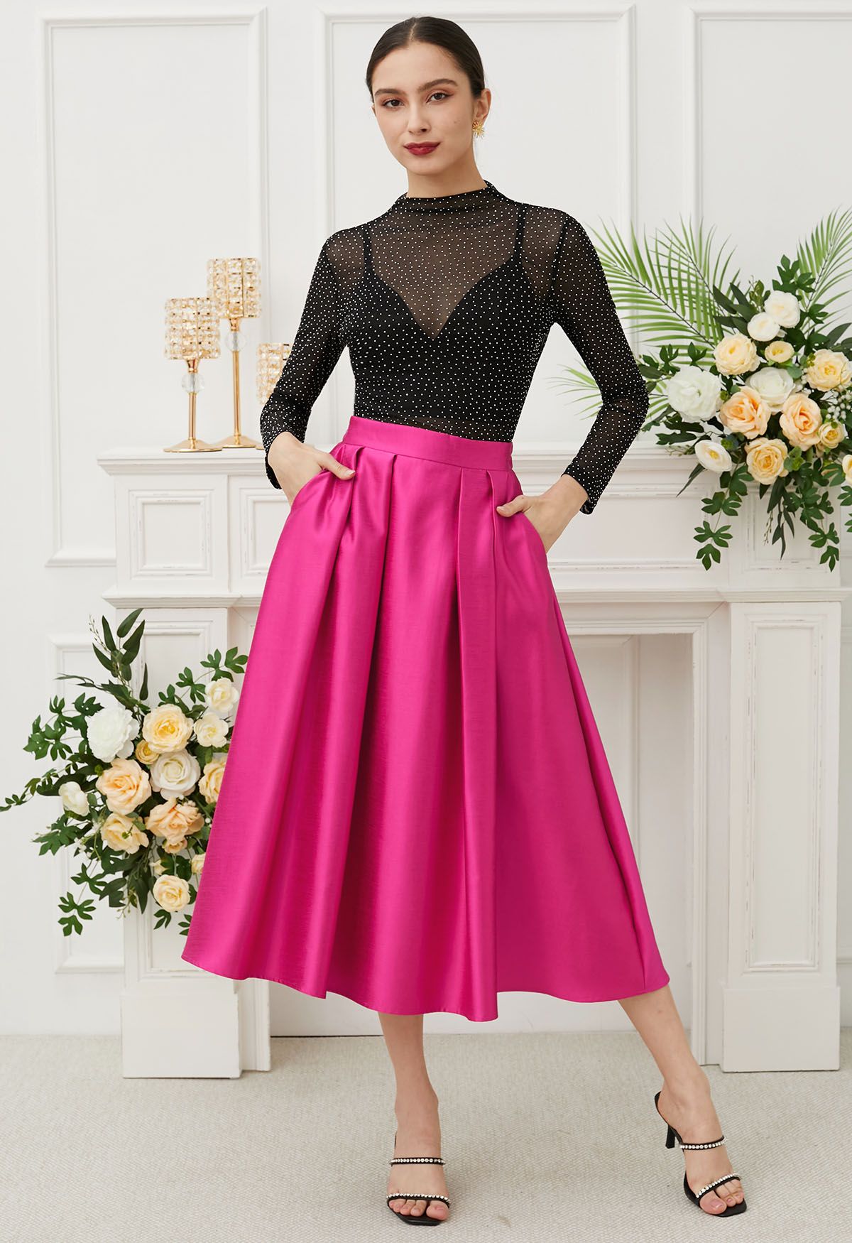 Sleek Side Pockets Pleated A-Line Midi Skirt in Hot Pink