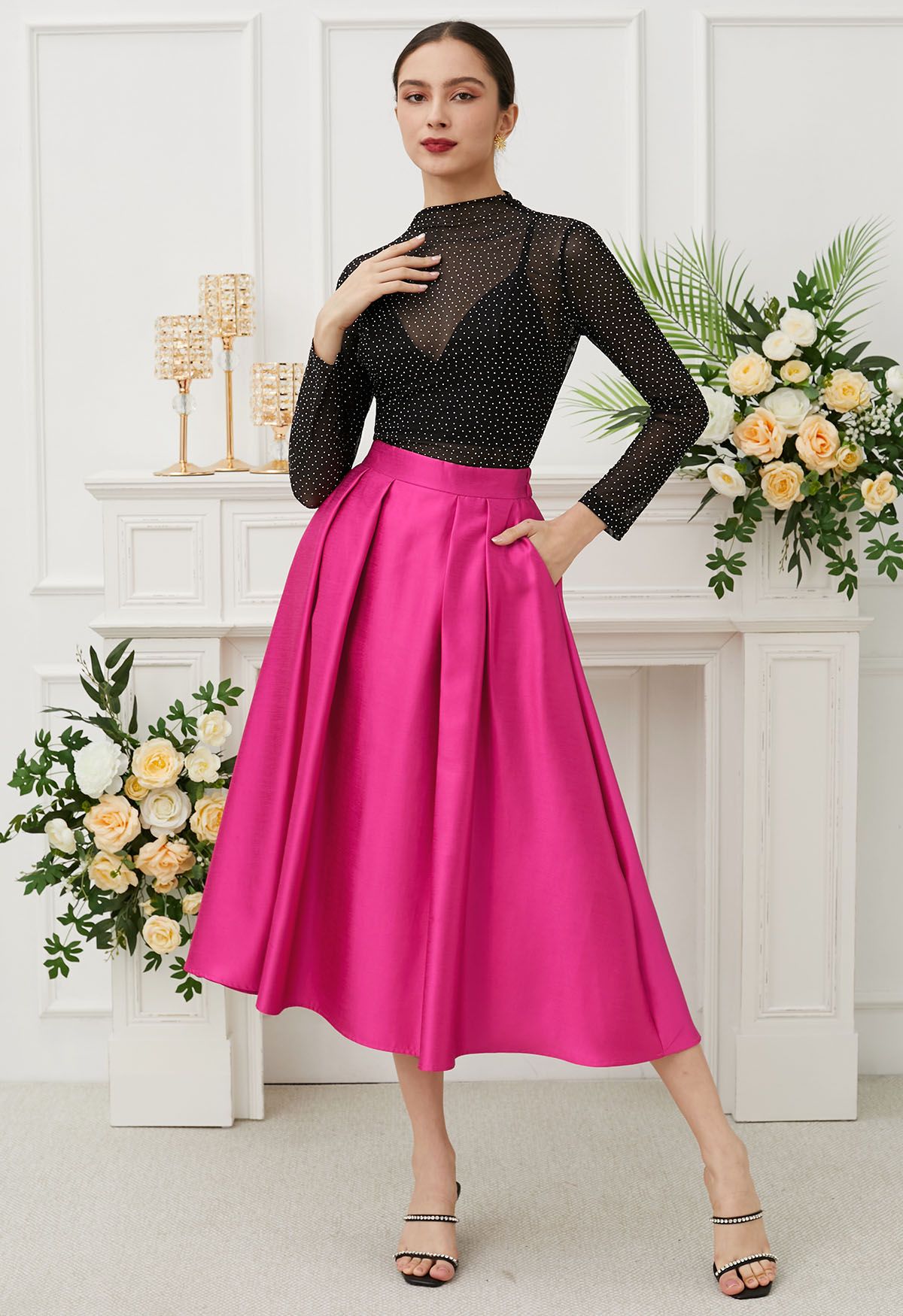 Sleek Side Pockets Pleated A-Line Midi Skirt in Hot Pink