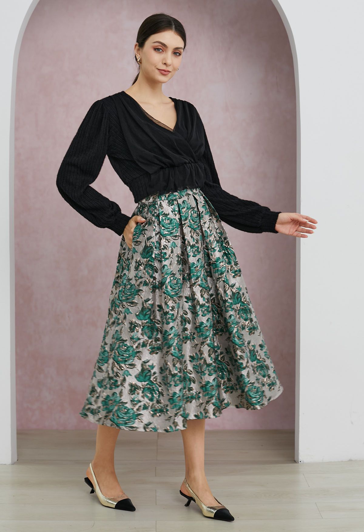 Teal Rose Embossed Jacquard A-Line Midi Skirt