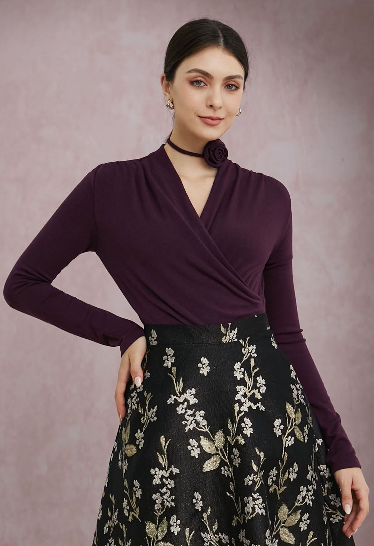 Faux-Wrap Ruched Top with Choker in Purple