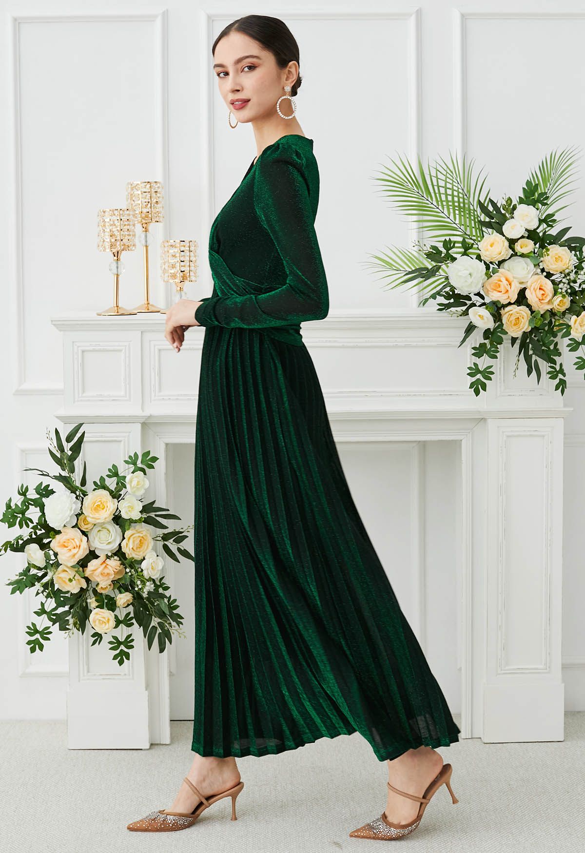 Glistening Twisted Front Pleated Maxi Dress in Emerald