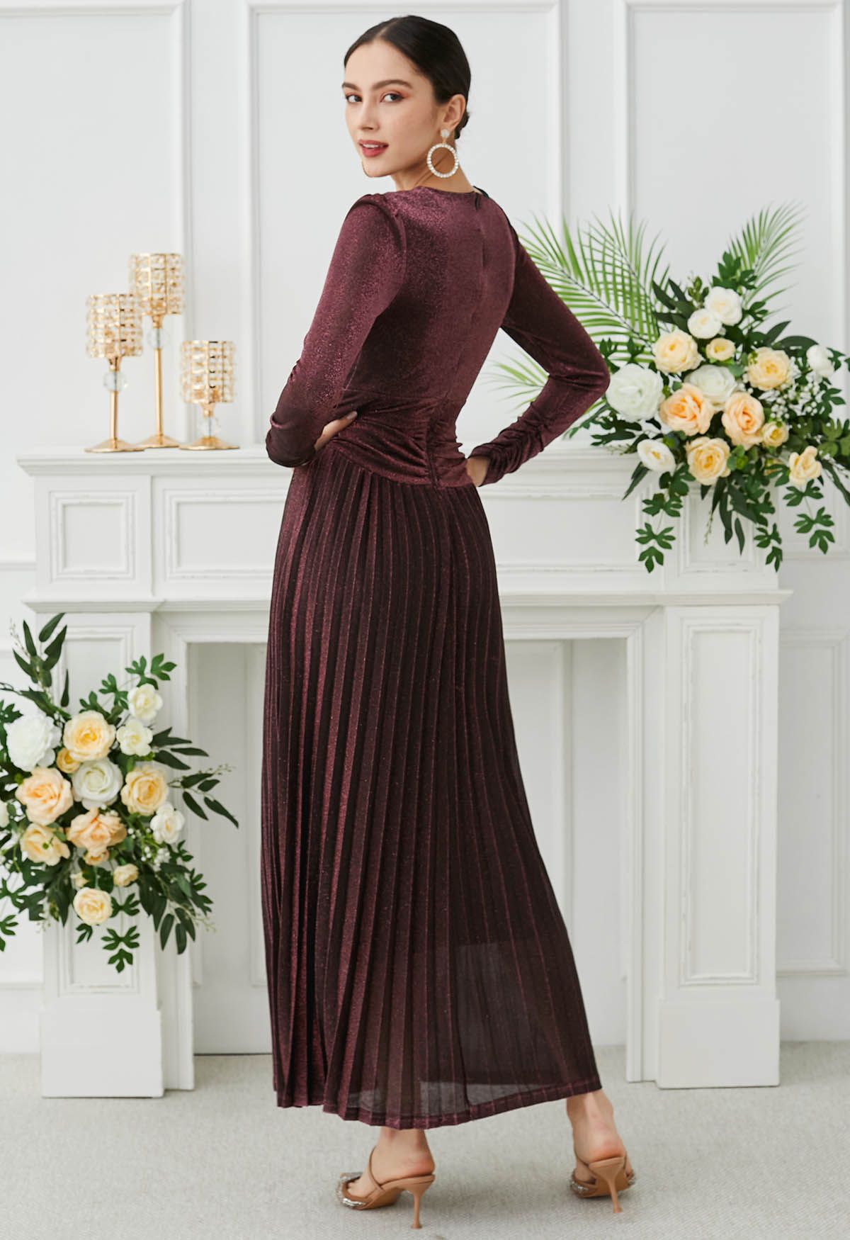 Glistening Twisted Front Pleated Maxi Dress in Burgundy