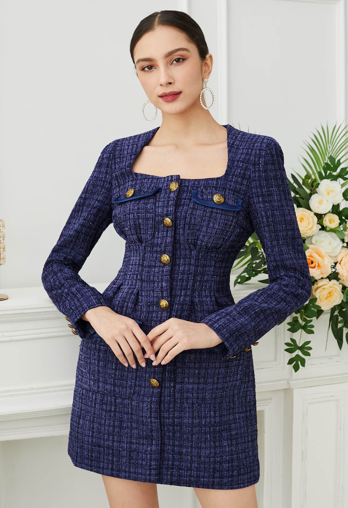 Polished Button Flap Pocket Tweed Mini Dress