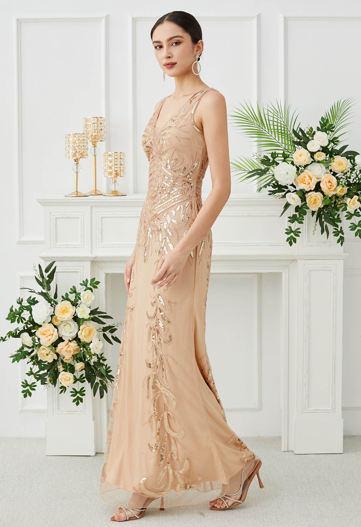 Leaves Sequin V-Neck Mesh Sleeveless Gown in Apricot