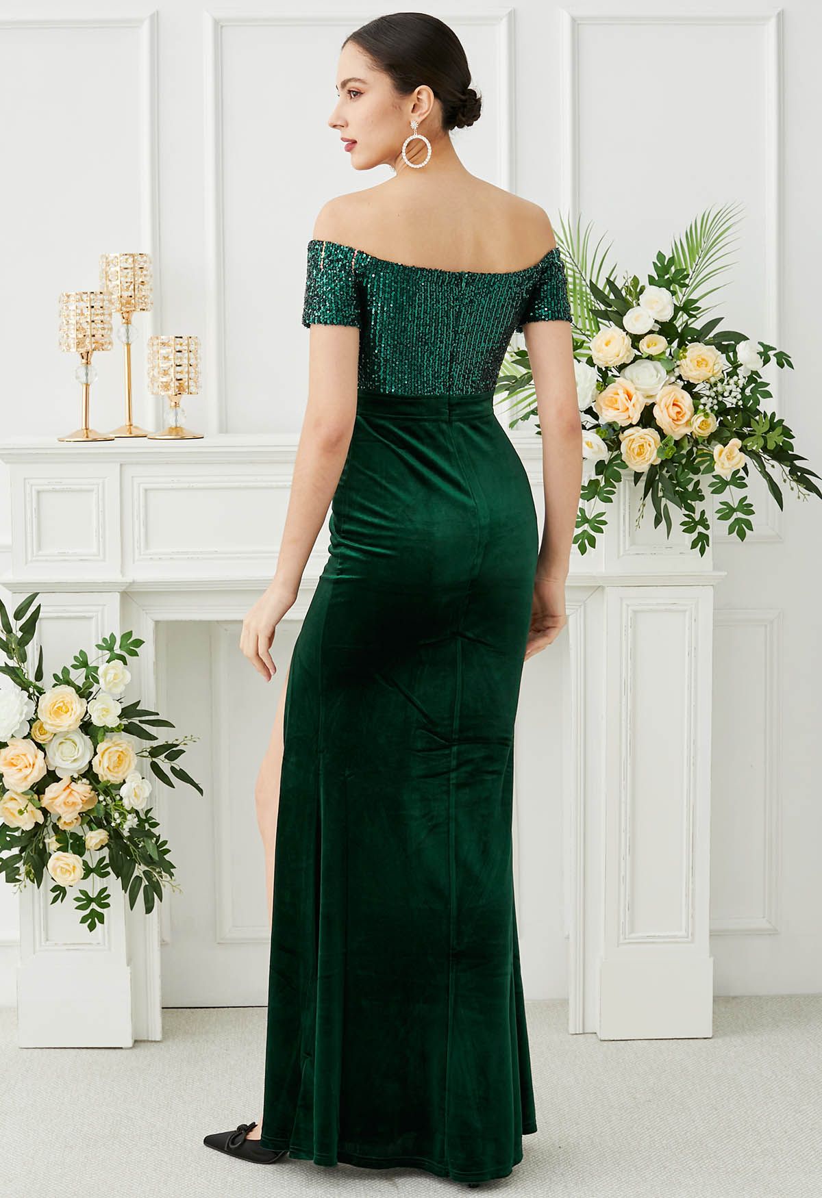 Off-Shoulder Feather Sequin High Slit Gown in Emerald