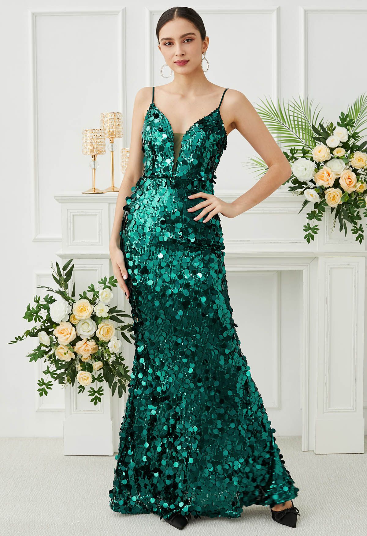 Deep V-Neck Sequin Mermaid Cami Gown in Emerald