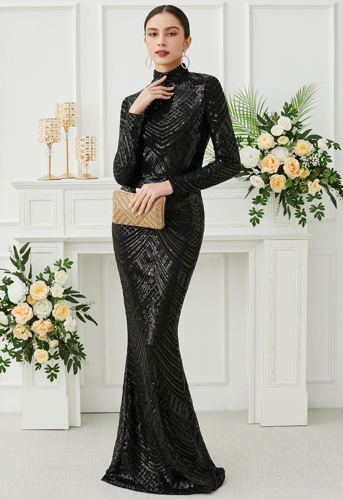 Geometric Sequin Mock Neck Mermaid Gown in Black