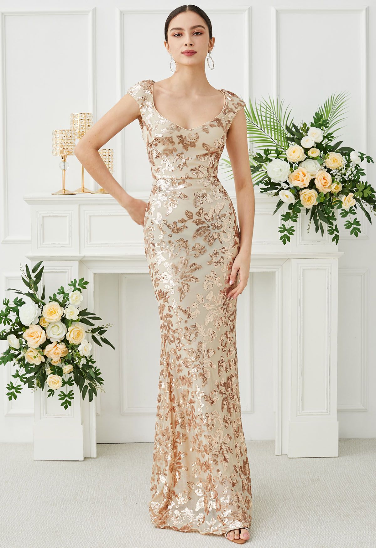 Floral Sequin Sweetheart Neck Mermaid Gown in Apricot