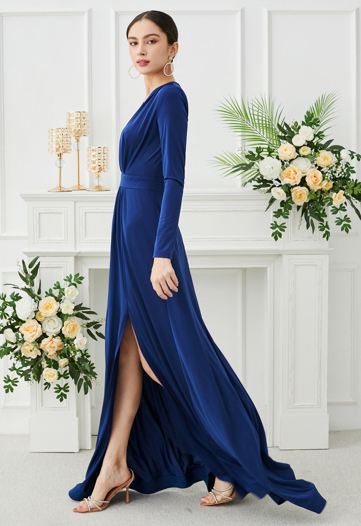 Deep V-Neck Front Split Maxi Gown in Navy