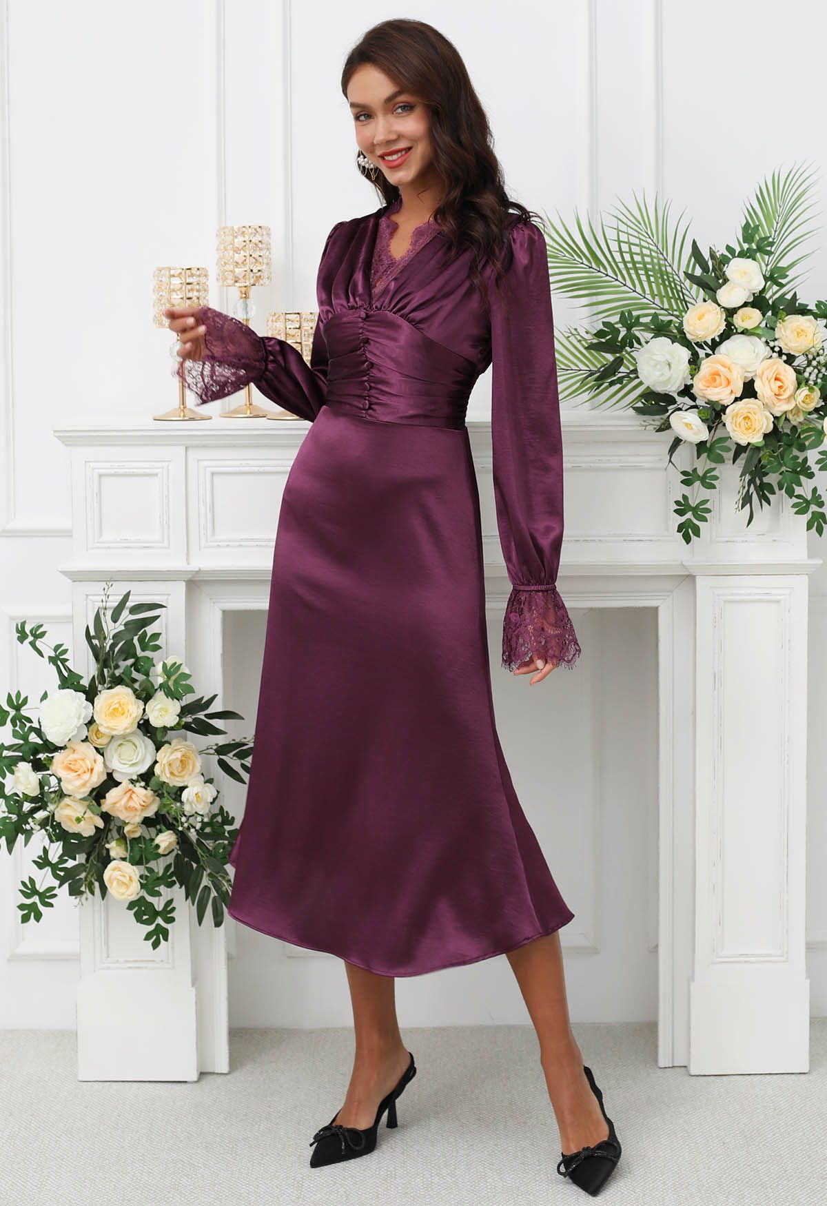 Lace Trim Ruched High Waist Satin Midi Dress in Plum