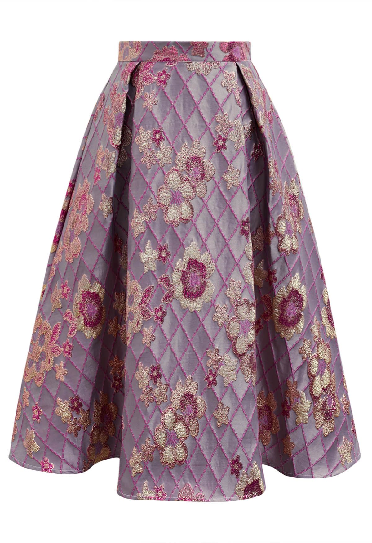 Falling Floral Grid Jacquard Midi Skirt in Lilac