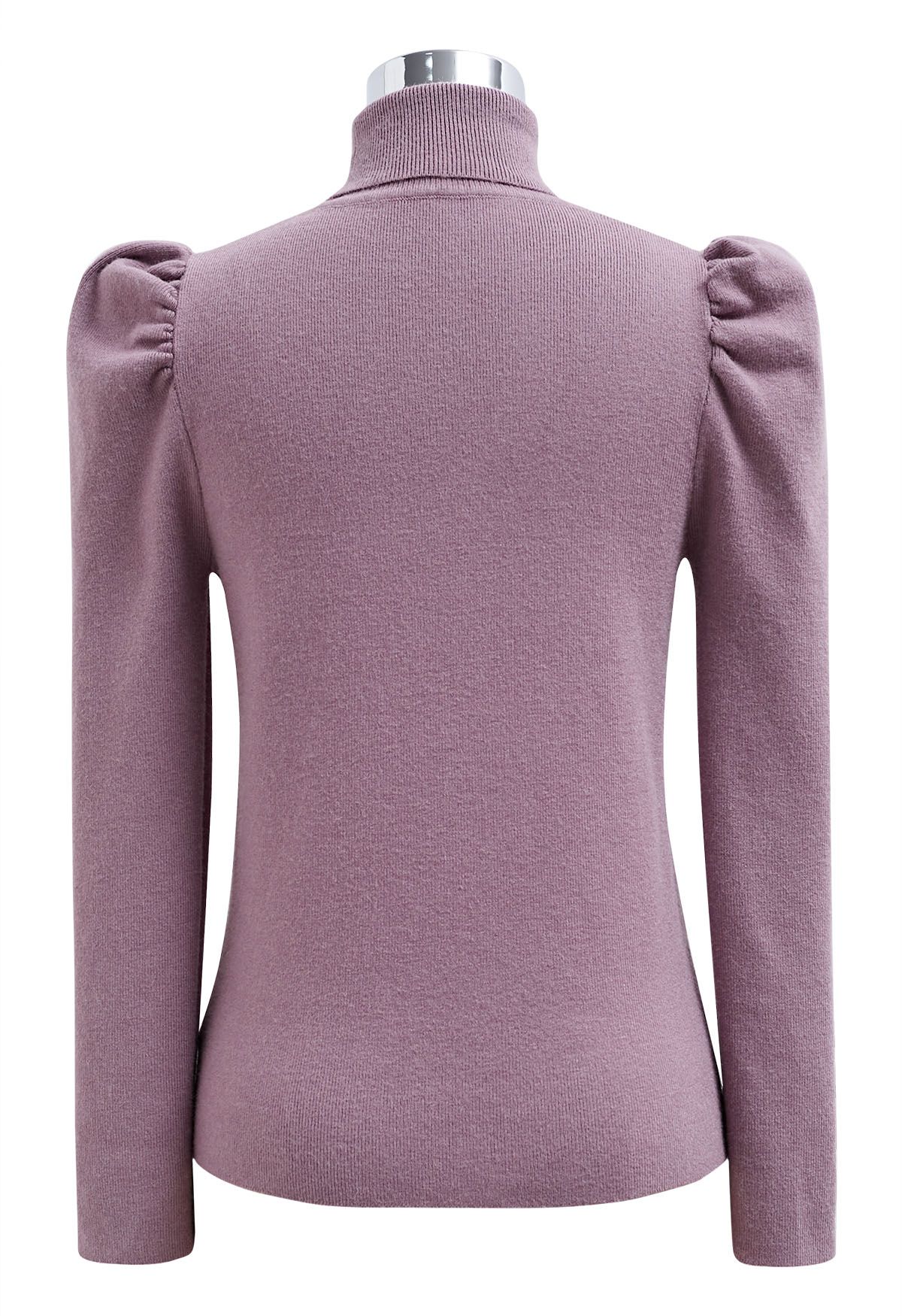 Turtleneck Gigot Sleeve Knit Top in Lilac