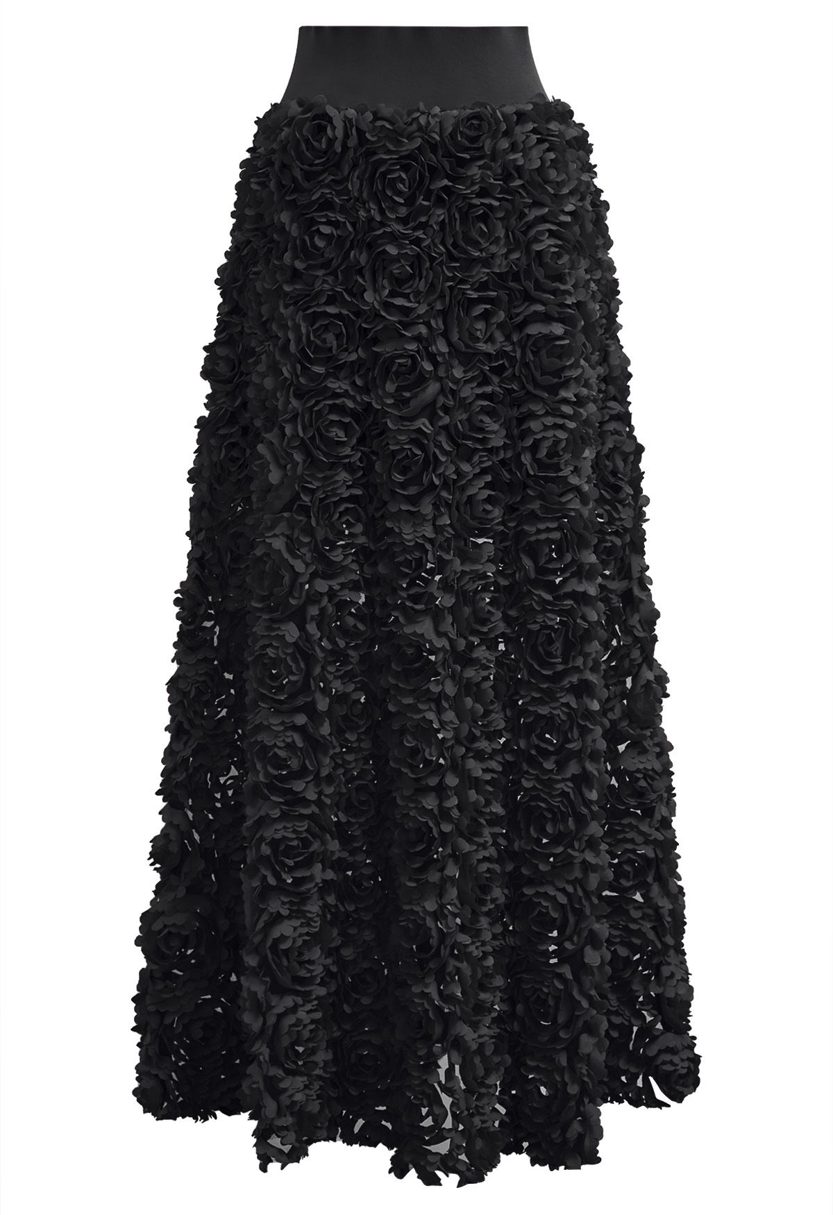 Rose Petal Embellished Mesh Maxi Skirt in Black