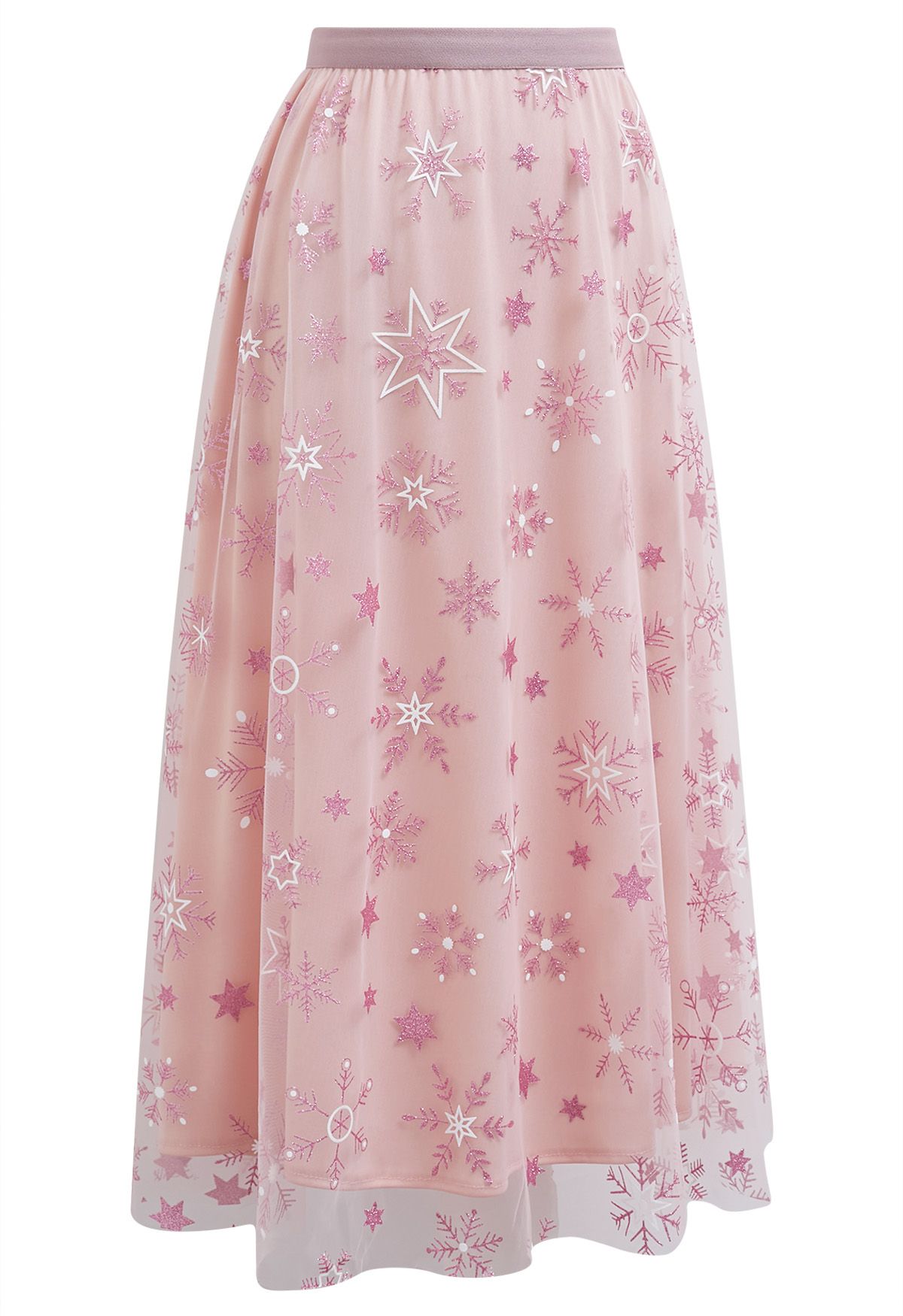 Glitter Star Snowflake Mesh Tulle Midi Skirt in Pink