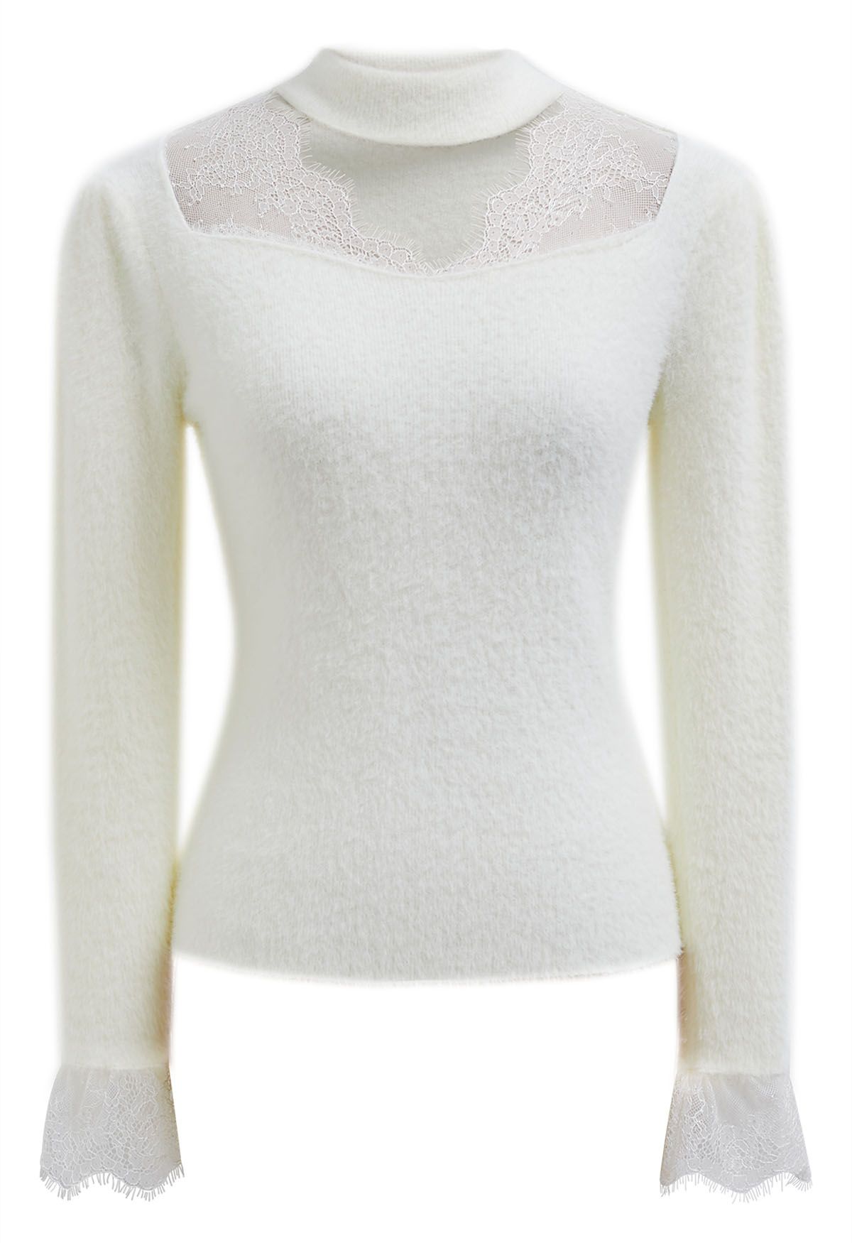 Choker Neck Lace Panel Fuzzy Knit Top in White